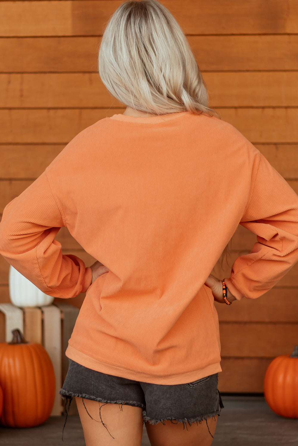 Orange Twisted Ribbed Texture Halloween Ghost Sequin Patched Sweatshirt-Graphic/Graphic Sweatshirts-[Adult]-[Female]-2022 Online Blue Zone Planet