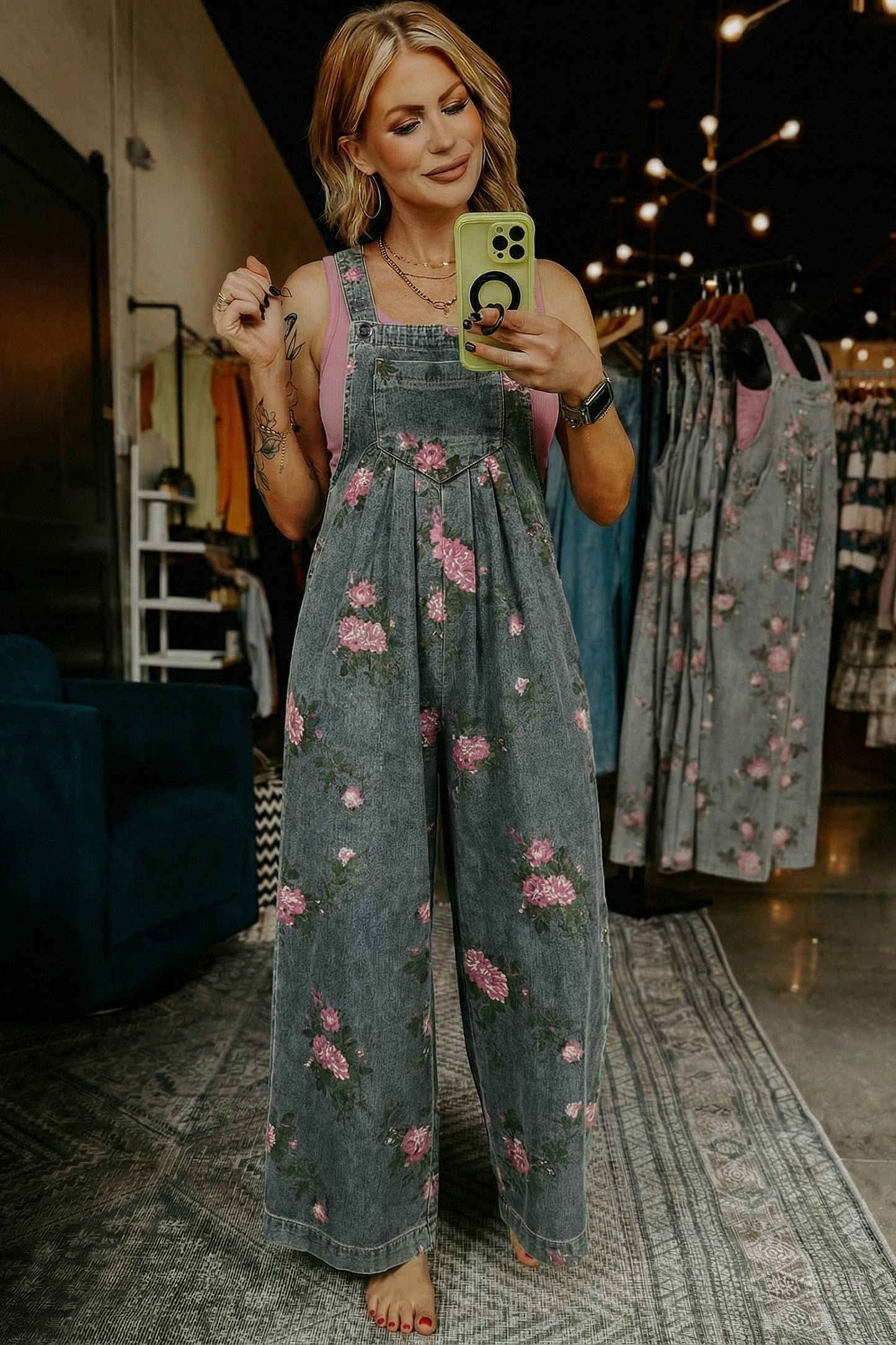 Blue Beau Floral Print Pleated High Waist Wide Leg Denim Jumpsuit-Bottoms/Jumpsuits & Rompers-[Adult]-[Female]-2022 Online Blue Zone Planet