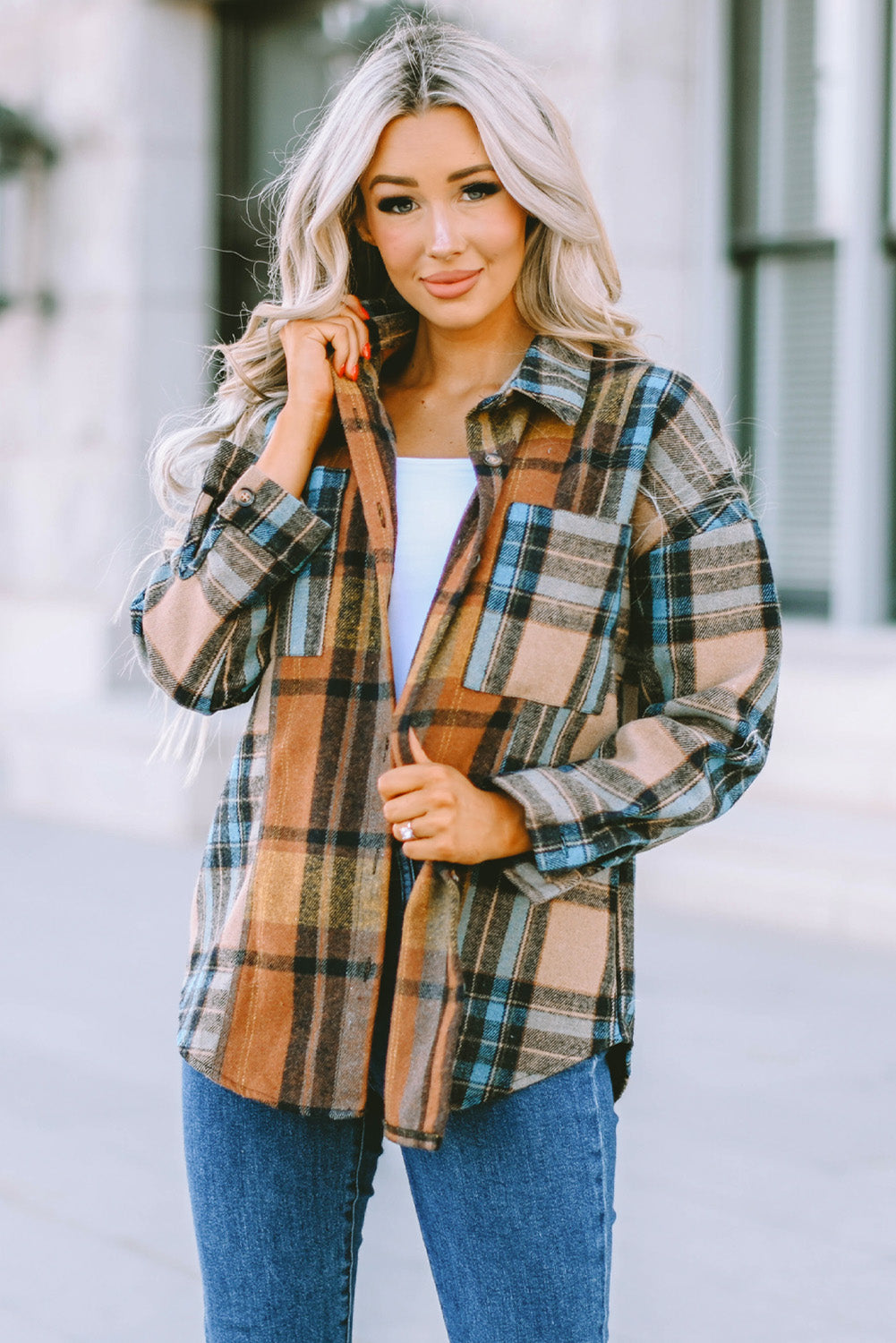 Brown Plaid Color Block Buttoned Shirt with Pockets-Tops/Blouses & Shirts-[Adult]-[Female]-2022 Online Blue Zone Planet