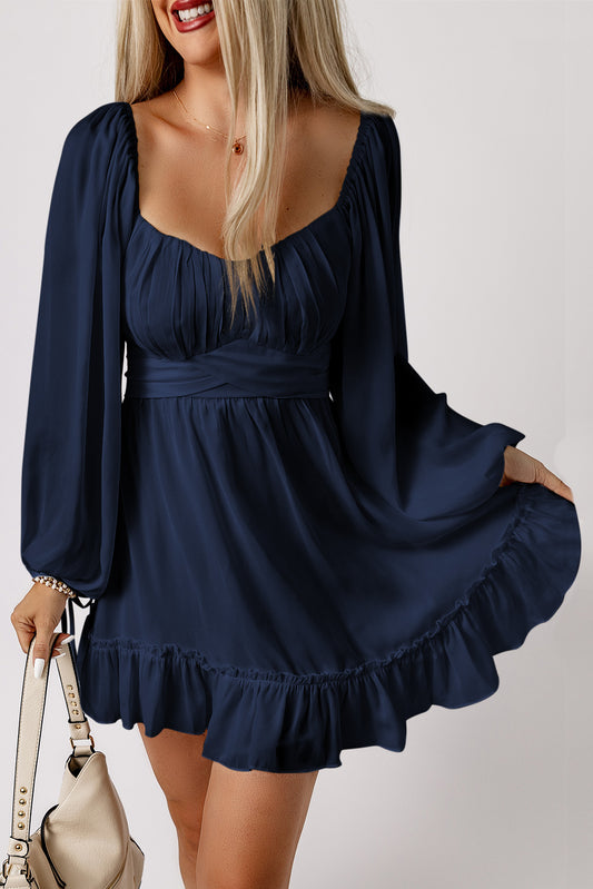 Blue White Plain Ruffled High Waist Square Neck Mini Dress-Dresses/Mini Dresses-[Adult]-[Female]-Blue-One Size-2022 Online Blue Zone Planet