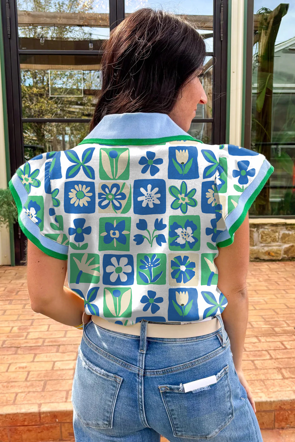 Green Floral Plaid Colorblock Trim Collar Flutter Sleeve Blouse-Tops/Blouses & Shirts-[Adult]-[Female]-2022 Online Blue Zone Planet