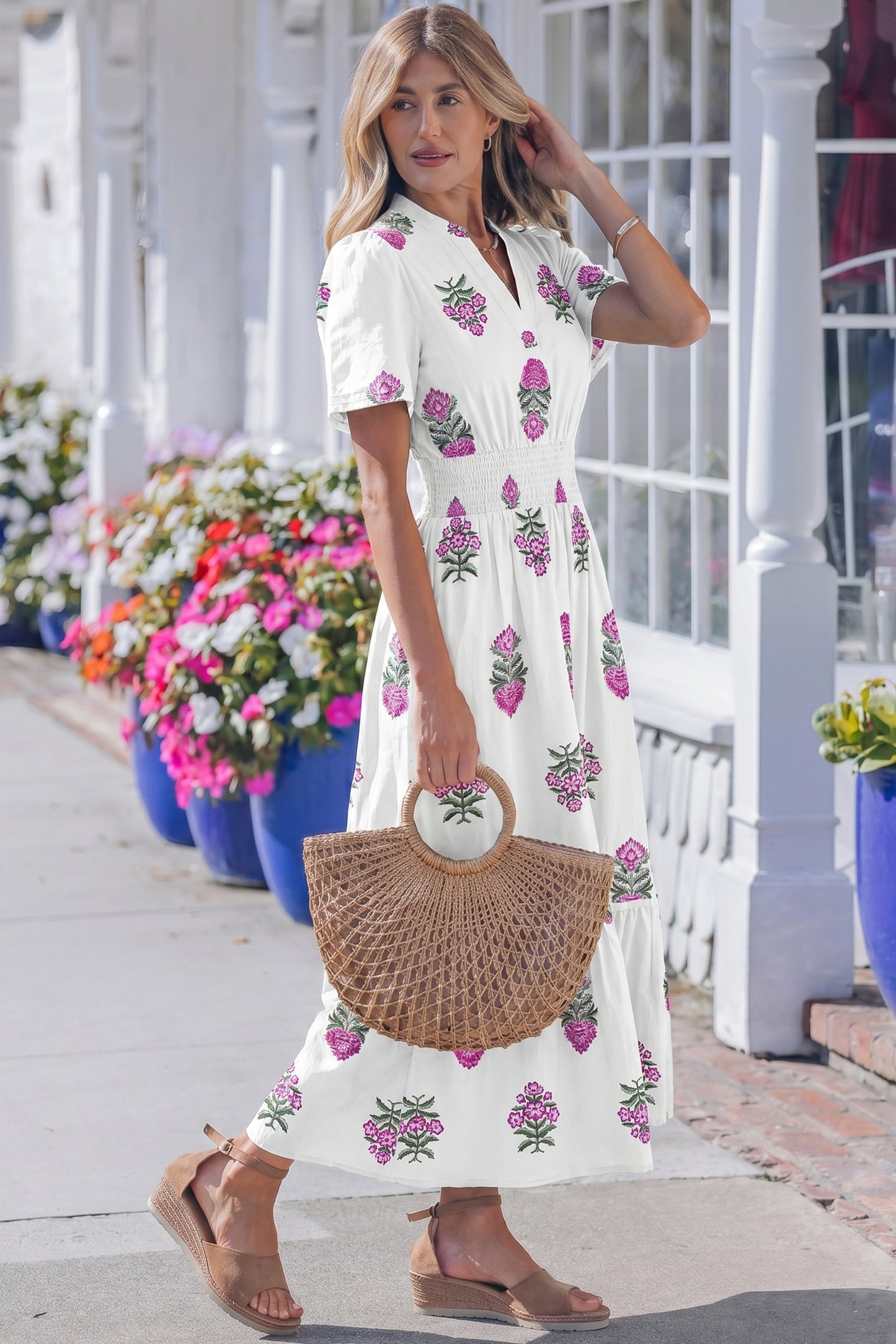 White Floral Print Split Neck Shirred High Waist Ruffle Hem Maxi Dress-TOPS / DRESSES-[Adult]-[Female]-2022 Online Blue Zone Planet