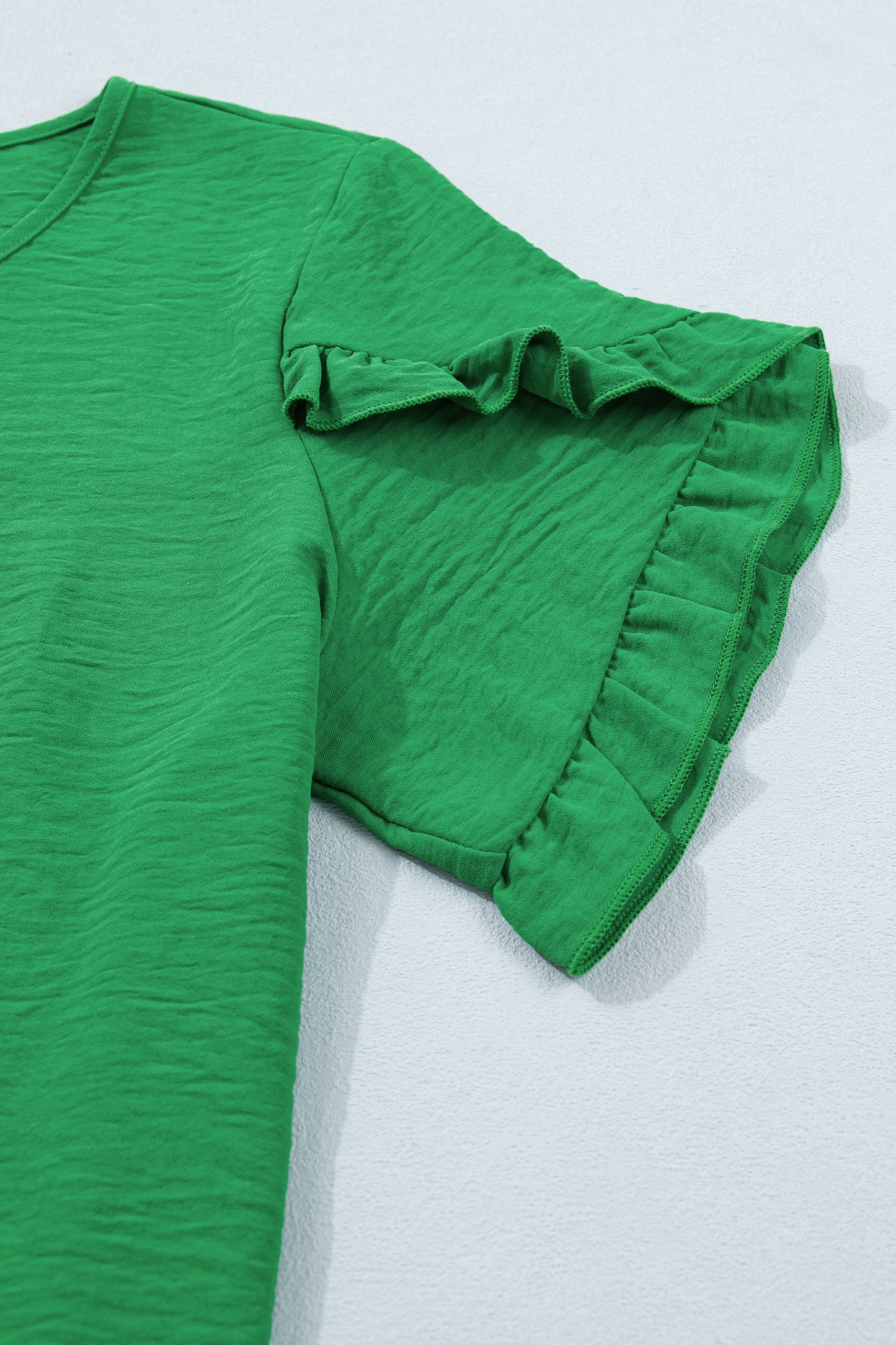Sea Green Solid Color Ruffle Trim Short Sleeve Blouse-Tops/Blouses & Shirts-[Adult]-[Female]-2022 Online Blue Zone Planet