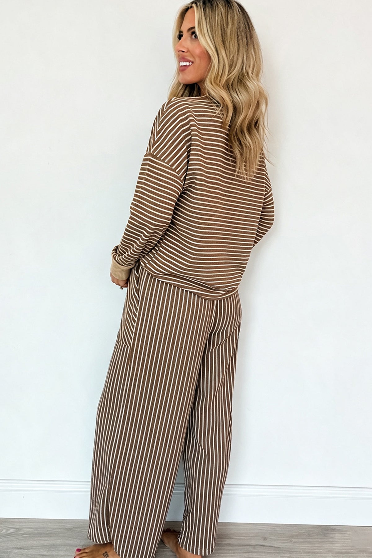 Black Stripe Drop Shoulder Relaxed Pullover Casual Pants 2pcs Set