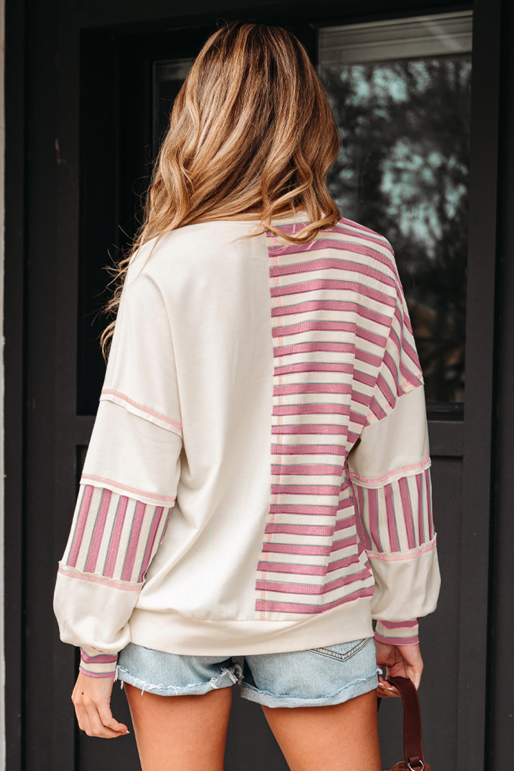 Pink Stripe Stitched Detail Color Block Patchwork Oversized Pullover Top-Tops/Long Sleeve Tops-[Adult]-[Female]-2022 Online Blue Zone Planet