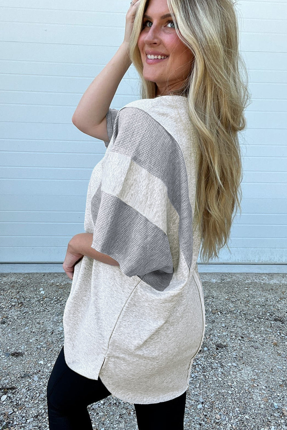 Light Grey Two Tone Contrast Waffle Knit Patched Buttoned V Neck Top