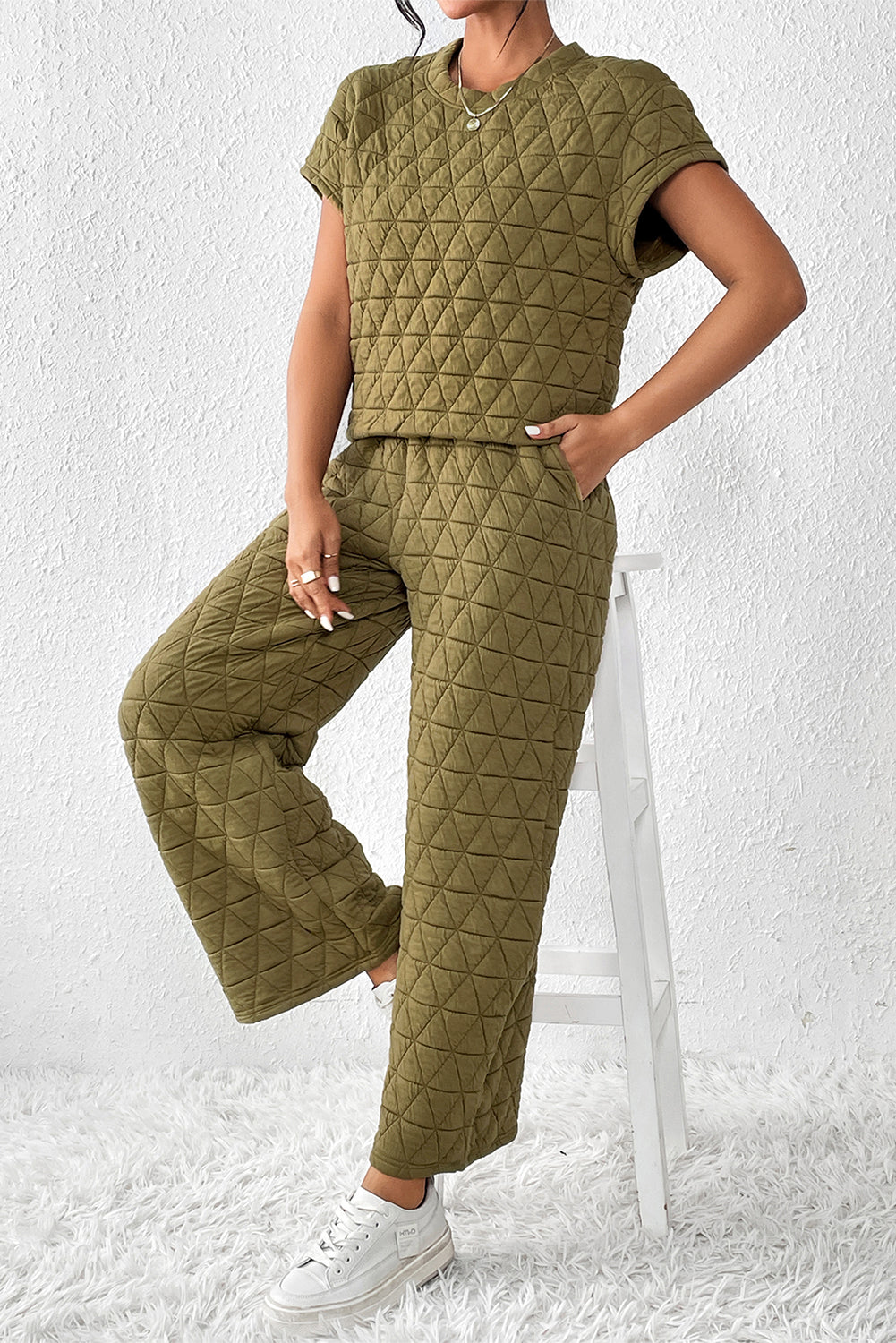 Blue Zone Planet |  Sage Green Quilted Short Sleeve Wide Leg Pants Set Blue Zone Planet