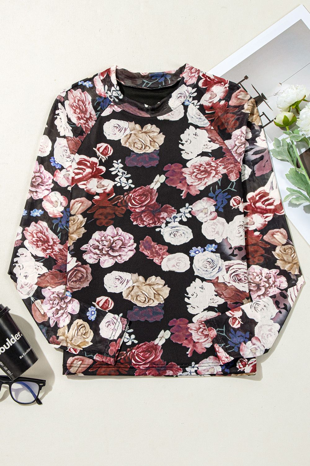 Floral Mock Neck Long Sleeve Mesh Top-TOPS / DRESSES-[Adult]-[Female]-2022 Online Blue Zone Planet