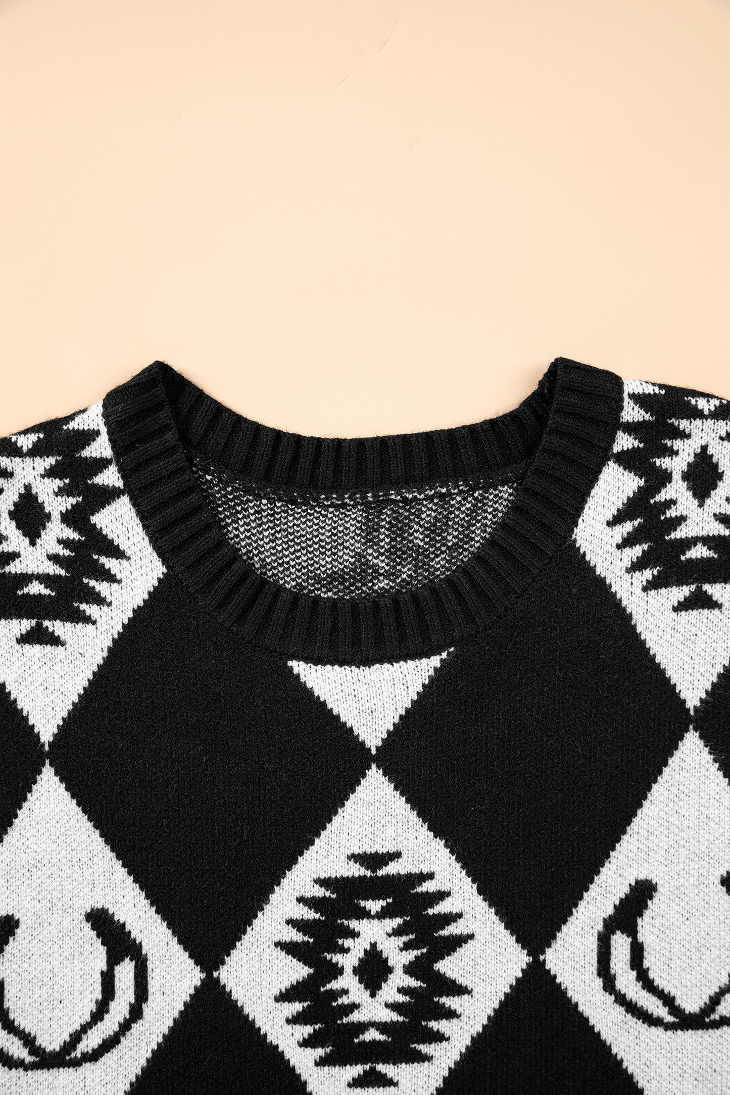 Black Retro Rhombus Western Print Drop Shoulder Short Sleeve Sweater-Sweaters & Cardigans/Short Sleeve Sweaters-[Adult]-[Female]-2022 Online Blue Zone Planet