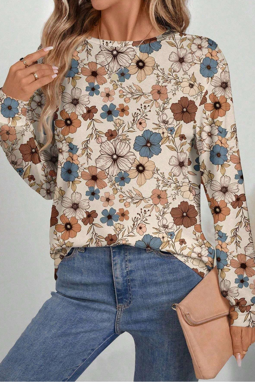 Khaki Allover Floral Print Crew Neck Long Sleeve Top-Long Sleeve Tops-[Adult]-[Female]-Khaki-S-2022 Online Blue Zone Planet