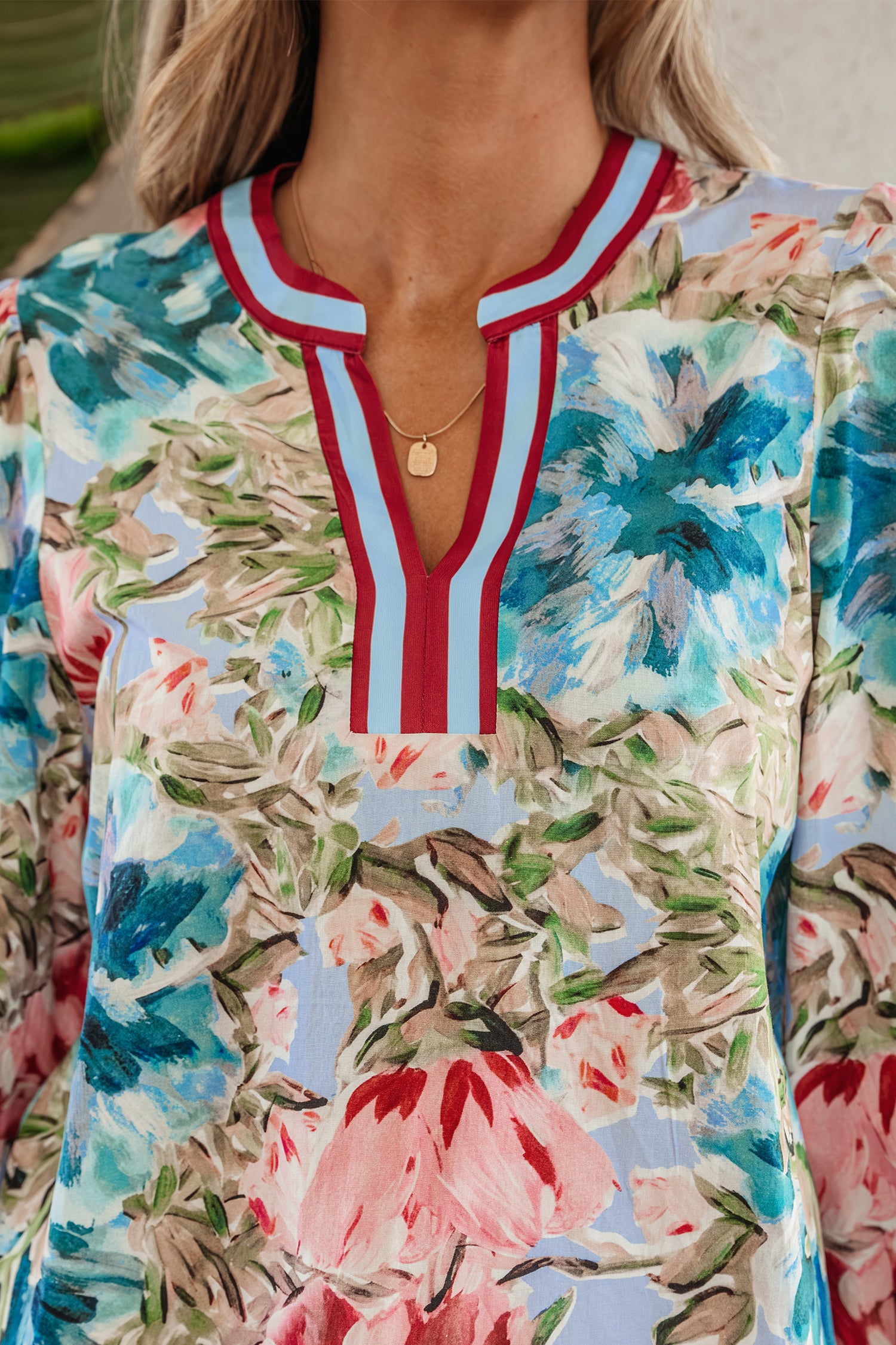 Sky Blue Contrast Trim V Neck Cuffed Bracelet Sleeve Floral Blouse-Bracelet-[Adult]-[Female]-2022 Online Blue Zone Planet