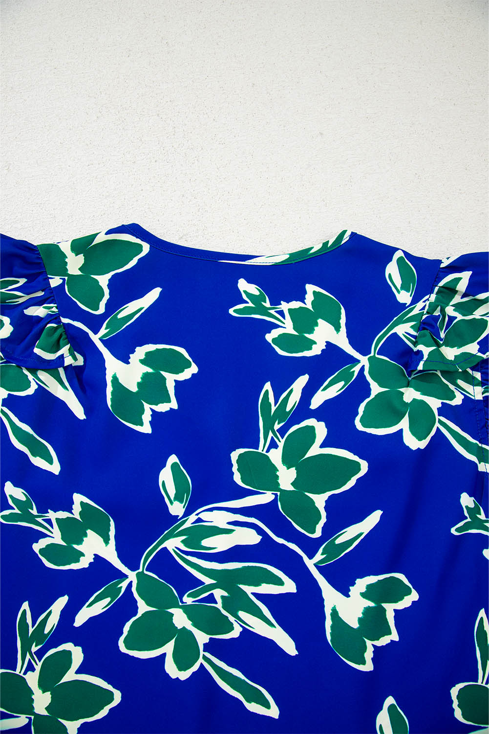 Blue V Neck Floral Print Double Ruffled Short Sleeve Blouse-Tops/Blouses & Shirts-[Adult]-[Female]-2022 Online Blue Zone Planet