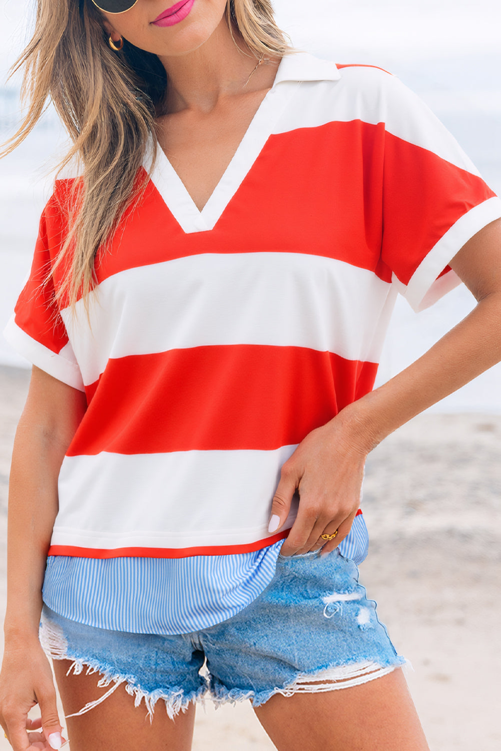 Red Stripe Collar V Neck Cuffed Dolman Short Sleeve Top-Tops/Blouses & Shirts-[Adult]-[Female]-2022 Online Blue Zone Planet