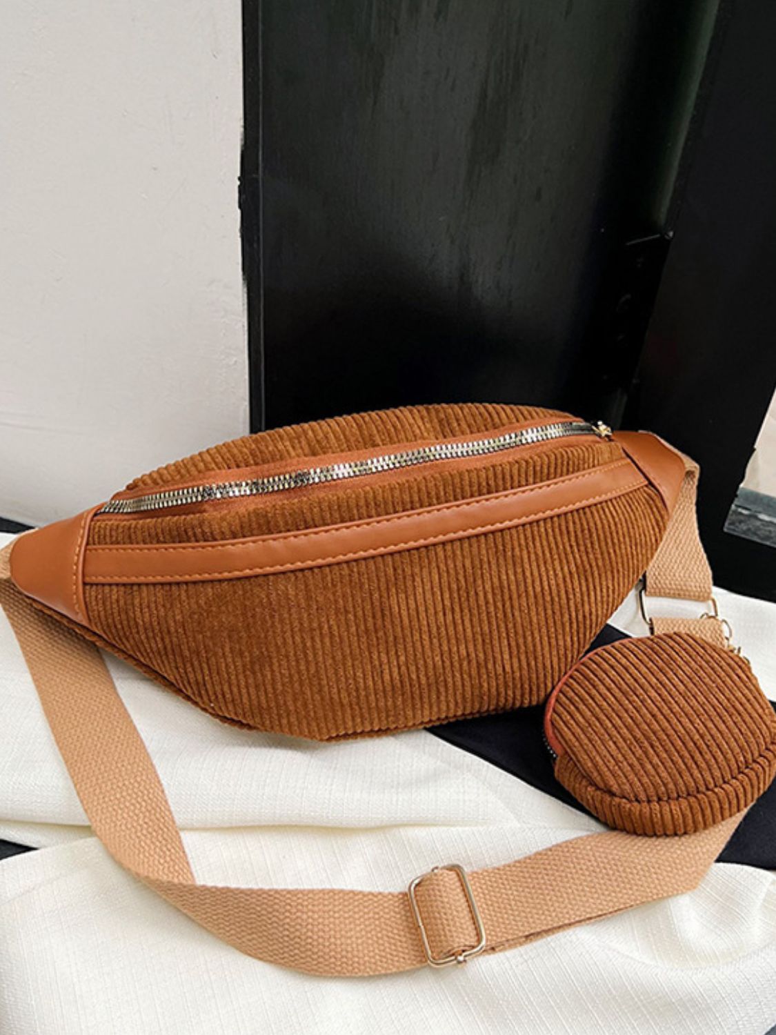 Corduroy Adjustable Strap Crossbody Bag with Pouch-HANDBAGS-[Adult]-[Female]-Caramel-One Size-2022 Online Blue Zone Planet