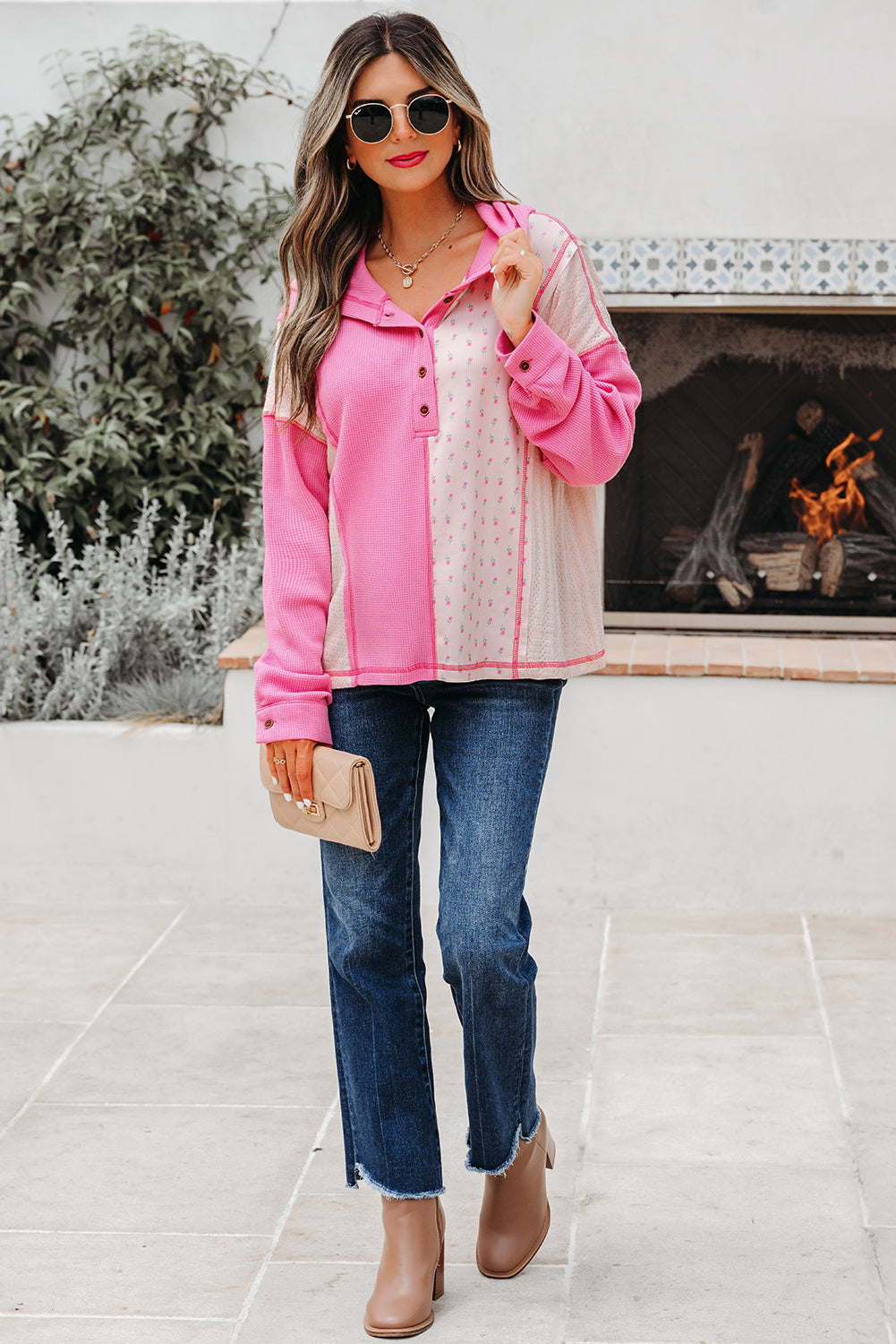 Pink Mixed Texture Waffle Floral Patchwork Hooded Oversize Pullover-Tops/Sweatshirts & Hoodies-[Adult]-[Female]-2022 Online Blue Zone Planet