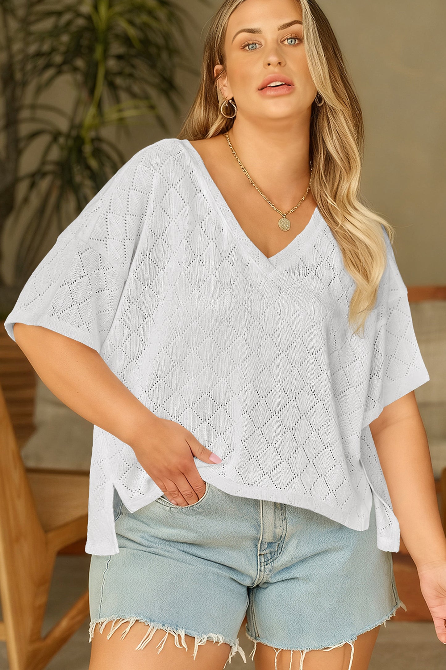 White Pointelle Rhombus Knit Plus Size V Neck Loose Top-Plus Size/Plus Size Tops/Plus Size Tops & Tees-[Adult]-[Female]-2022 Online Blue Zone Planet
