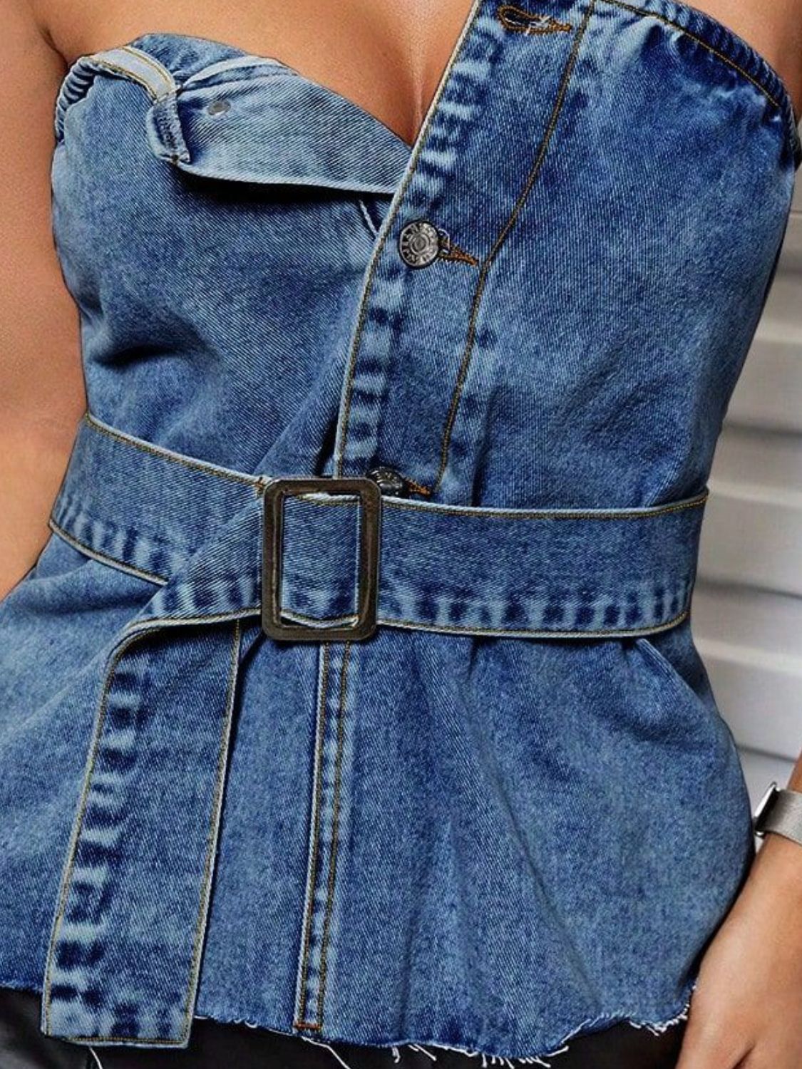 Buttoned Raw Hem Tube Denim Top-TOPS / DRESSES-[Adult]-[Female]-2022 Online Blue Zone Planet