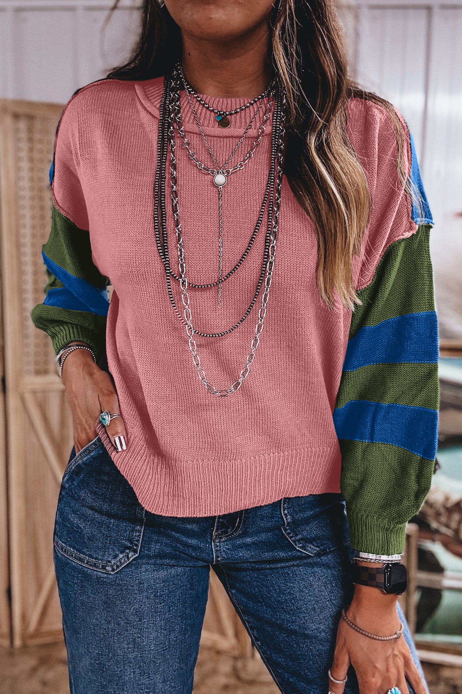 Multicolour Western Colorblock Patchwork Striped Long Sleeve Pullover Sweater-Sweaters & Cardigans/Sweaters-[Adult]-[Female]-2022 Online Blue Zone Planet