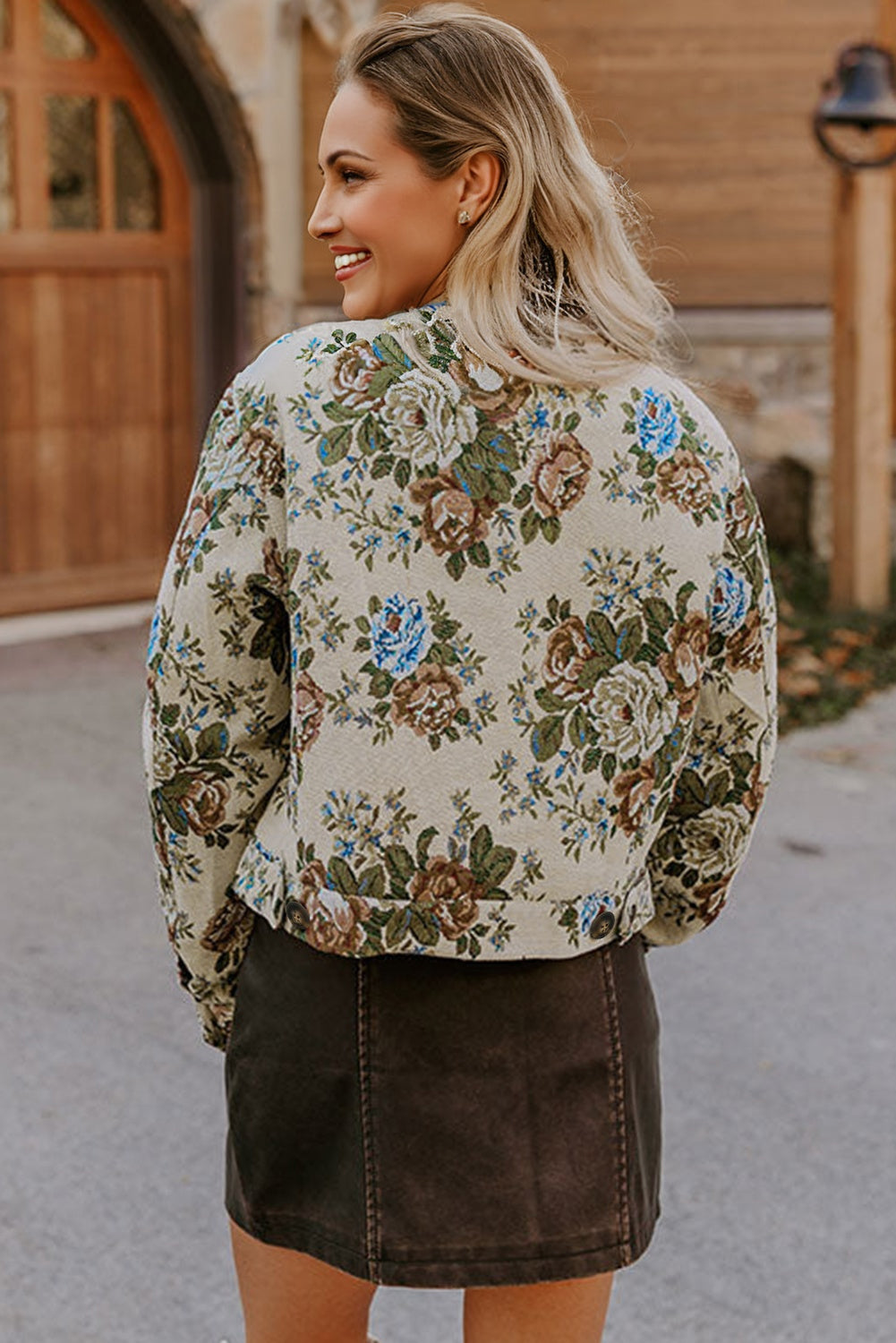 Khaki Floral Print Zip Up Contrast Collared Jacket-Outerwear/Jackets-[Adult]-[Female]-2022 Online Blue Zone Planet