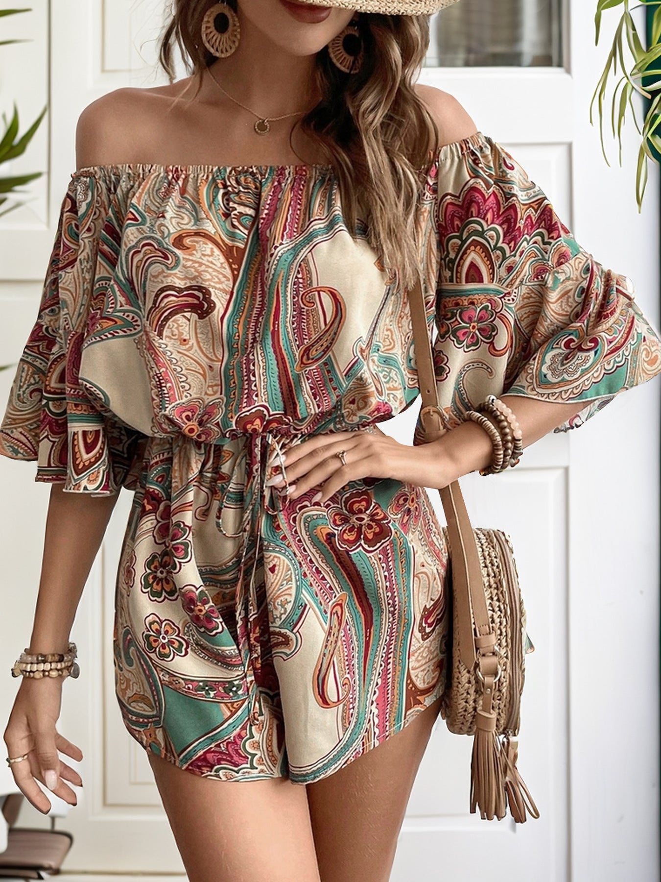 Perfee Printed Off Shoulder Half Sleeve Romper-TOPS / DRESSES-[Adult]-[Female]-2022 Online Blue Zone Planet