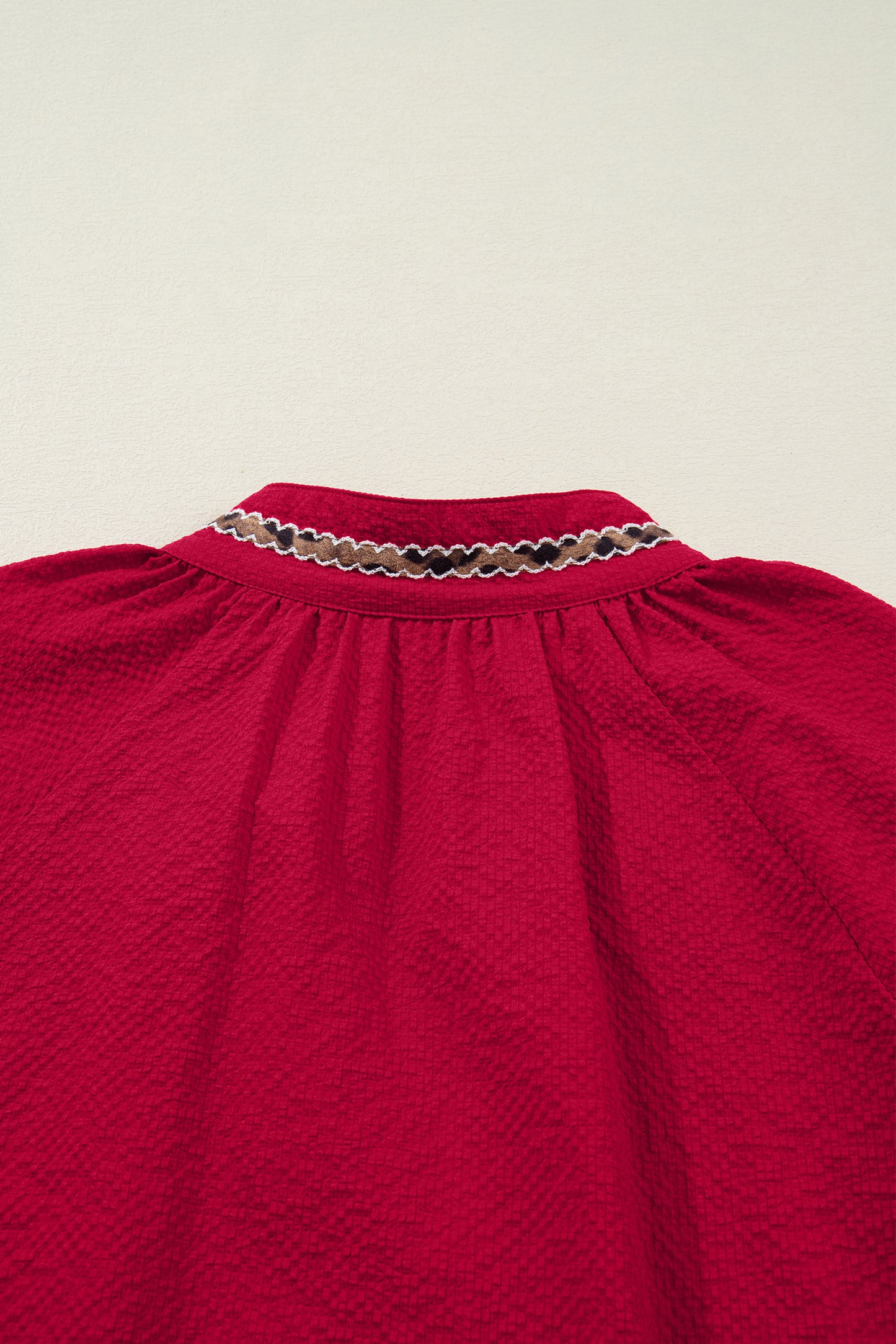 Racing Red Leopard Jacquard Print V Neck Textured Blouse-Tops/Blouses & Shirts-[Adult]-[Female]-2022 Online Blue Zone Planet