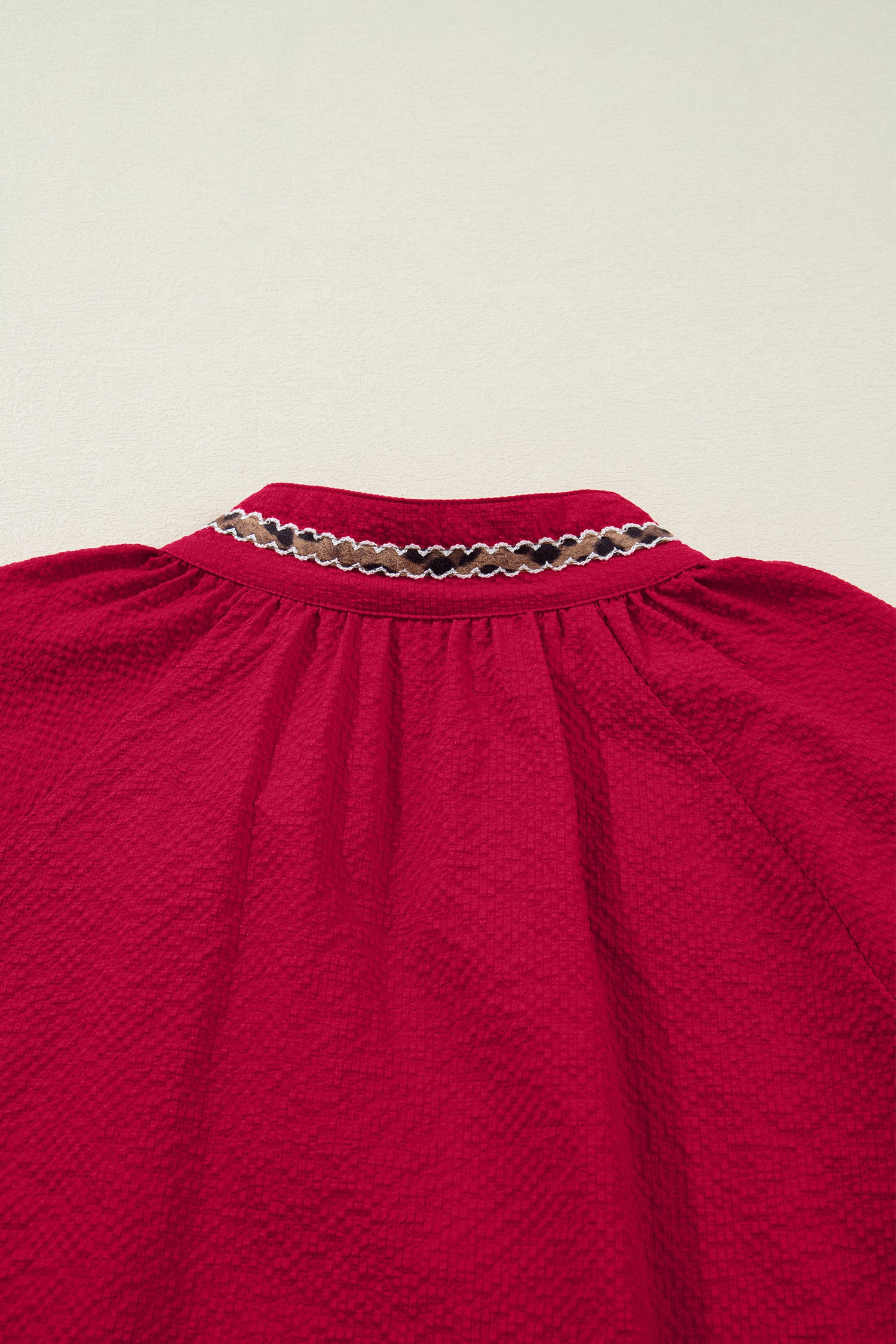 Racing Red Leopard Jacquard Print V Neck Textured Blouse-Tops/Blouses & Shirts-[Adult]-[Female]-2022 Online Blue Zone Planet