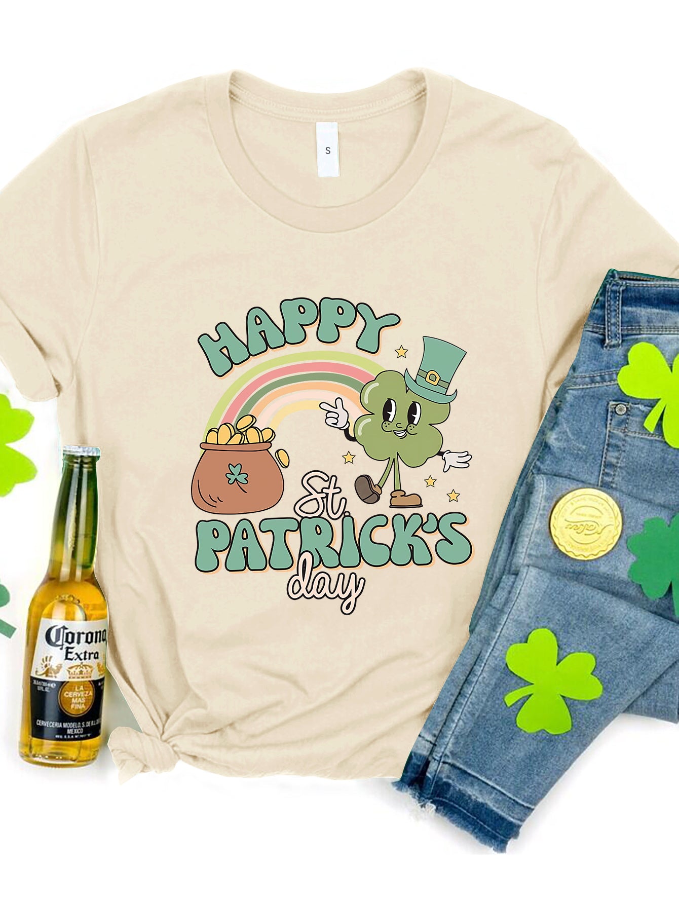 HAPPY ST PATRICK'S DAY Round Neck T-Shirt-TOPS / DRESSES-[Adult]-[Female]-Light Yellow-S-2022 Online Blue Zone Planet