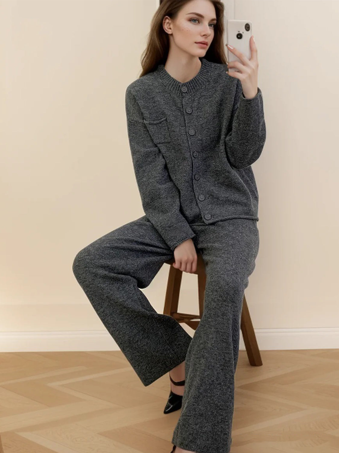 Pocketed Round Neck Button Up Cardigan and Pants Sweater Set-TOPS / DRESSES-[Adult]-[Female]-Dark Gray-One Size-2022 Online Blue Zone Planet