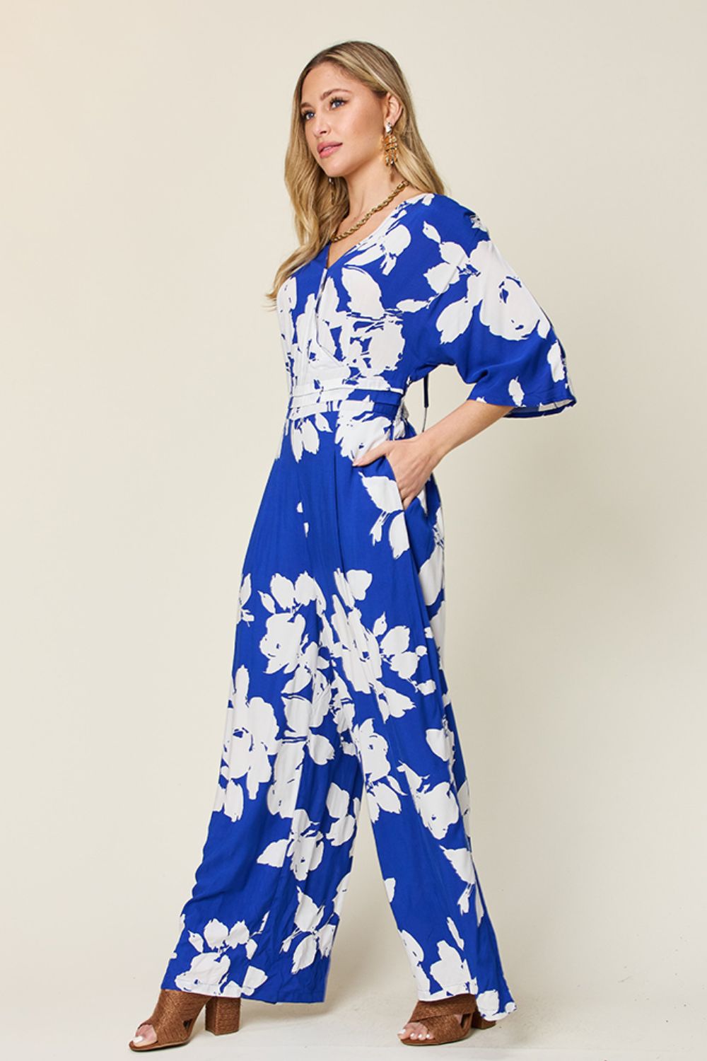 Blue Zone Planet | Double Take Full Size Printed Tie Back Wide Leg Jumpsuit-TOPS / DRESSES-[Adult]-[Female]-2022 Online Blue Zone Planet