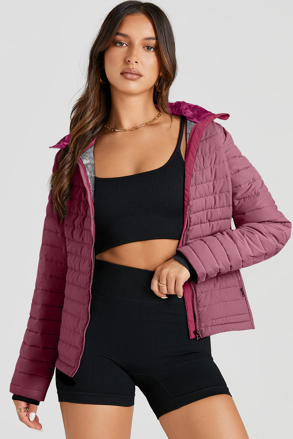 Burgundy Solid Color Quilted Zip-up Puffer Jacket-Outerwear/Coats-[Adult]-[Female]-2022 Online Blue Zone Planet