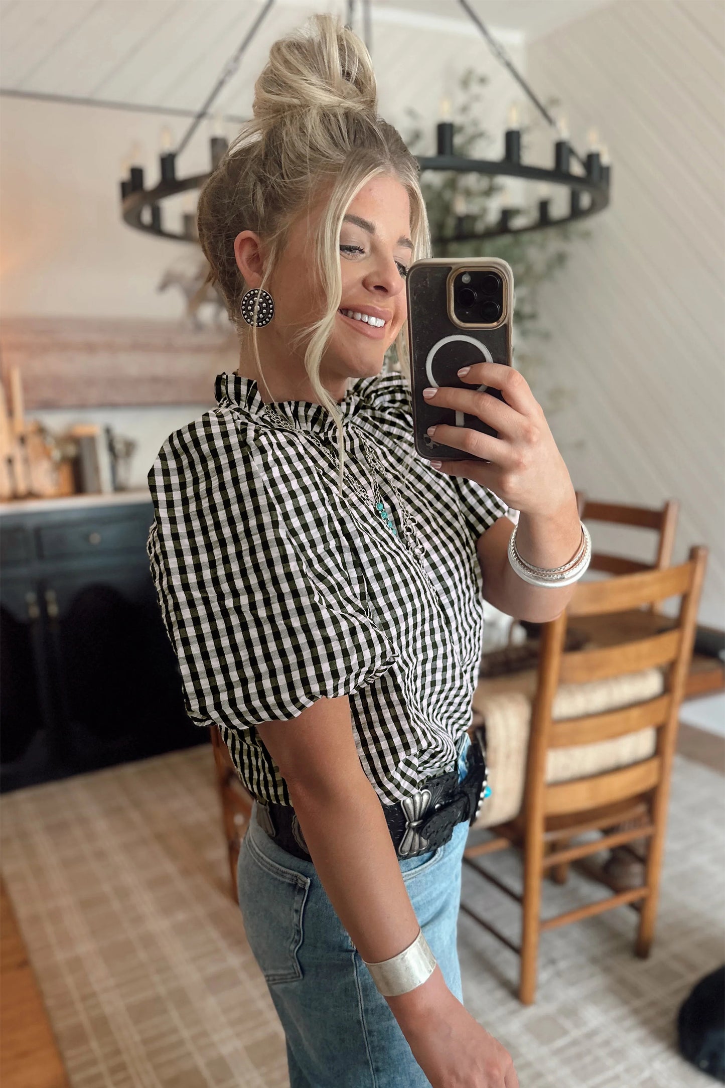 Black Plaid Short Puff Sleeve Frilled Neck Blouse-Tops/Blouses & Shirts-[Adult]-[Female]-2022 Online Blue Zone Planet