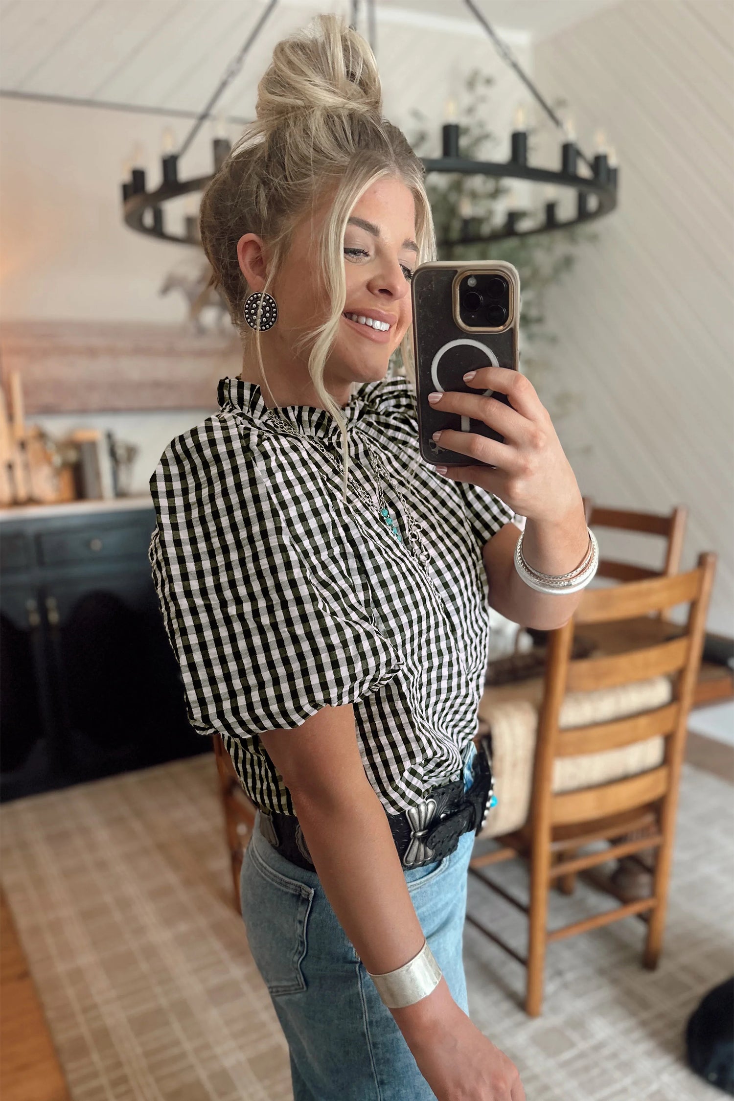 Black Plaid Short Puff Sleeve Frilled Neck Blouse-Tops/Blouses & Shirts-[Adult]-[Female]-2022 Online Blue Zone Planet