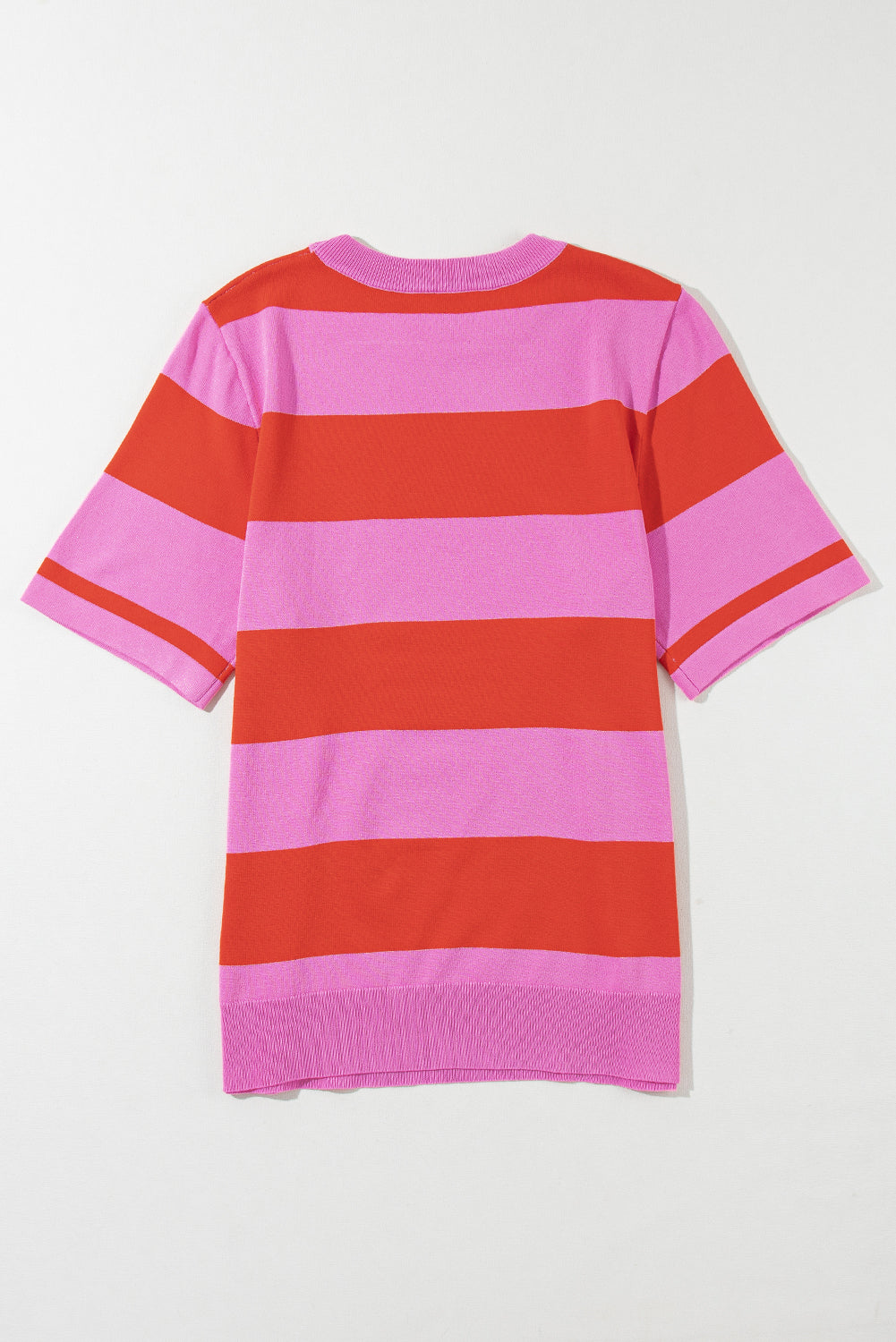 Bright Pink Colorblock Striped Knitted T shirt-Sweaters & Cardigans/Short Sleeve Sweaters-[Adult]-[Female]-2022 Online Blue Zone Planet