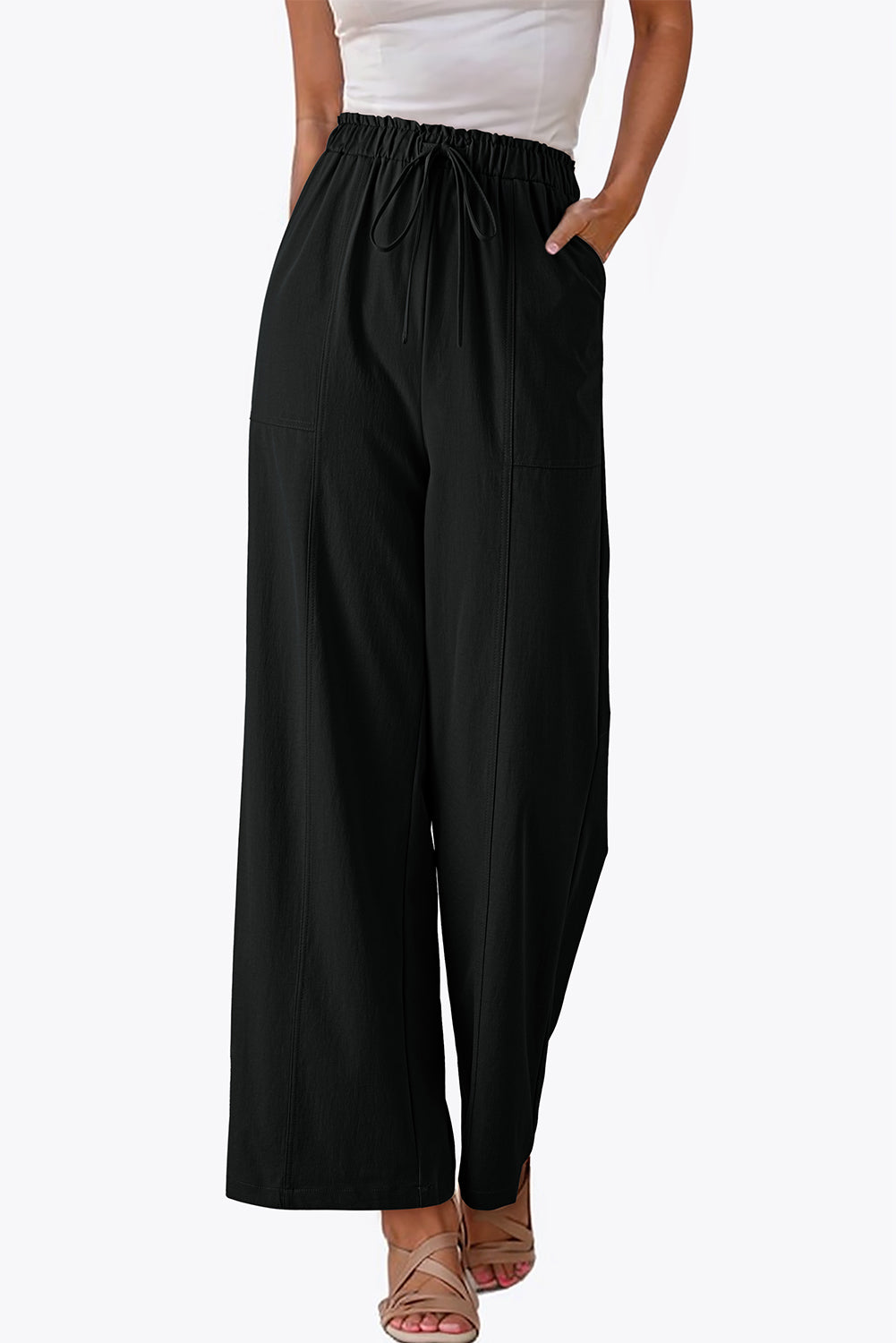 Black Solid Color Drawstring Elastic Waist Casual Loose Pants-Bottoms/Pants & Culotte-[Adult]-[Female]-2022 Online Blue Zone Planet