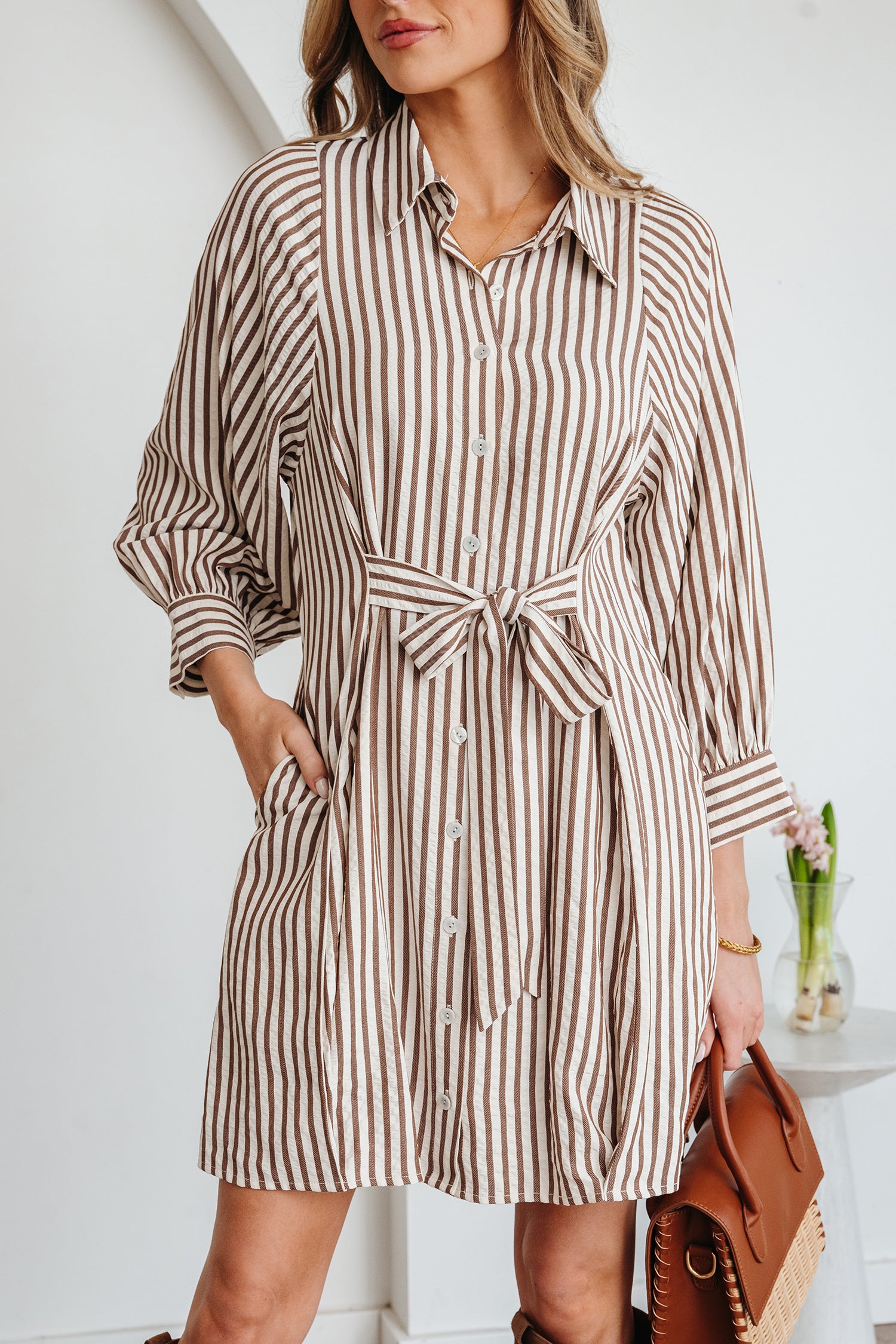 Brown Stripe Knot Waist Puff Sleeve Button Down Mini Shirt Dress-TOPS / DRESSES-[Adult]-[Female]-2022 Online Blue Zone Planet