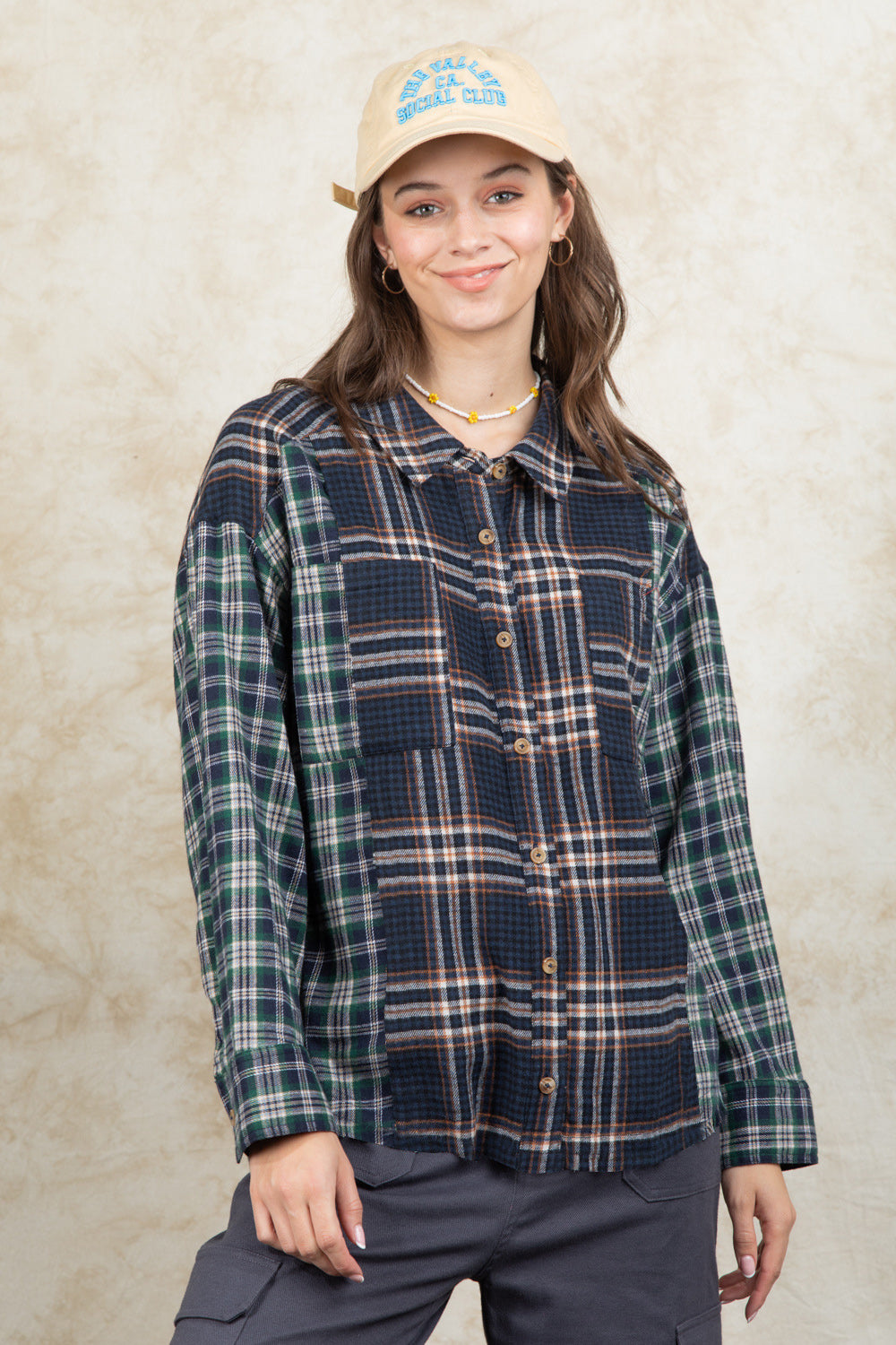 Plaid Collared Neck Button Up Long Sleeve Shirt-TOPS / DRESSES-[Adult]-[Female]-French Blue-S-2022 Online Blue Zone Planet