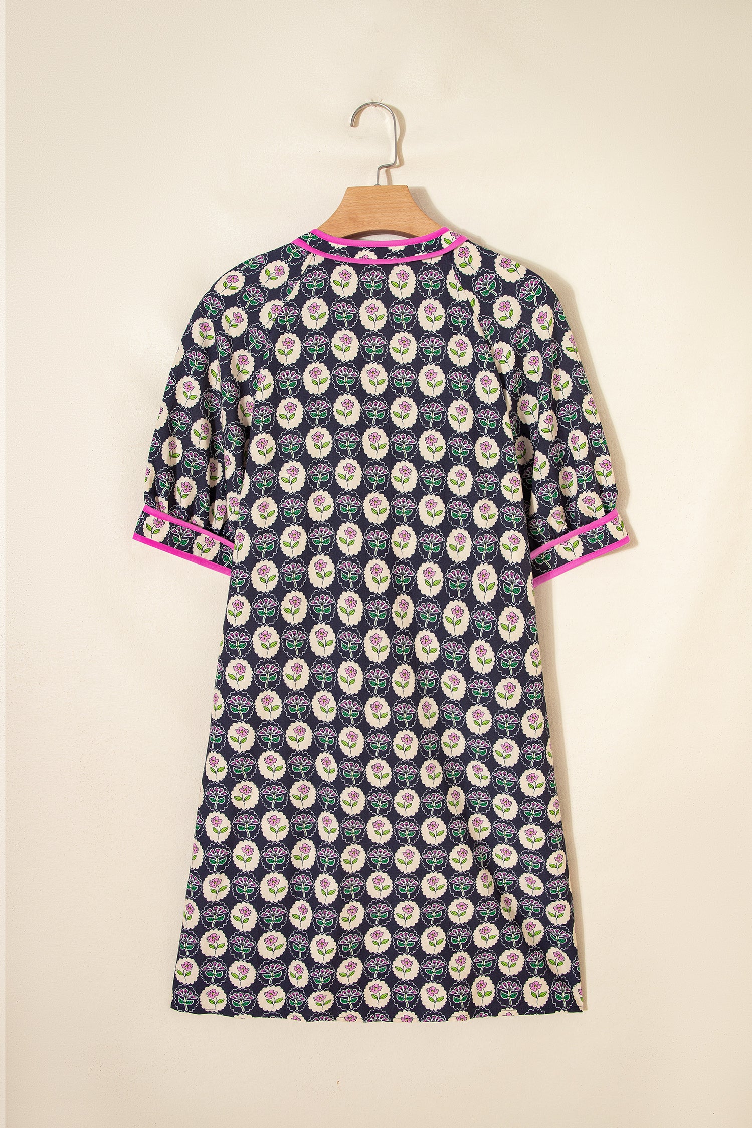 Blue Striped Trim Short Sleeve Vintage Floral Shift Dress-TOPS / DRESSES-[Adult]-[Female]-2022 Online Blue Zone Planet