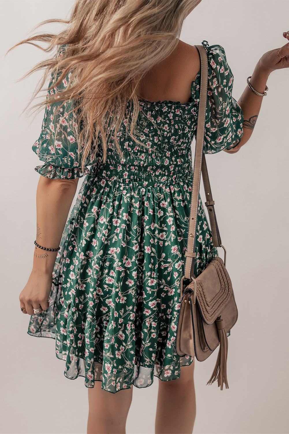 Green Smocked Square Neck Puff Short Sleeve Floral Dress-TOPS / DRESSES-[Adult]-[Female]-2022 Online Blue Zone Planet