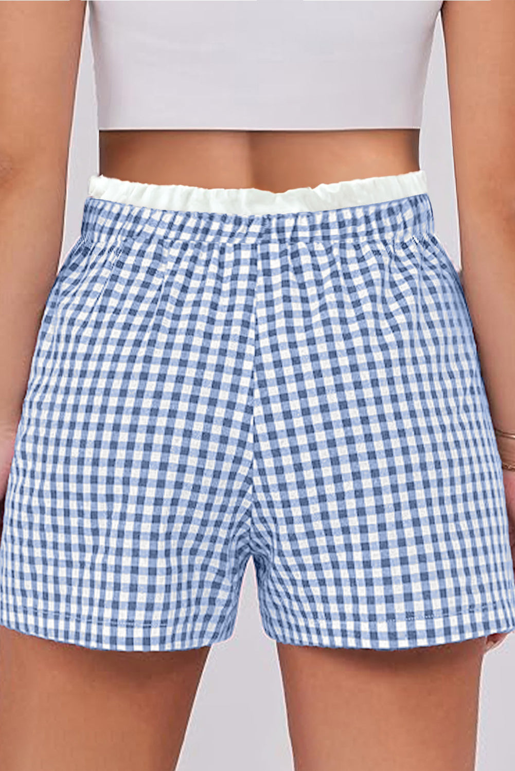 Sky Blue Contrast Trim Plaid Print Plus Size Shorts-Plus Size/Plus Size Bottoms-[Adult]-[Female]-2022 Online Blue Zone Planet