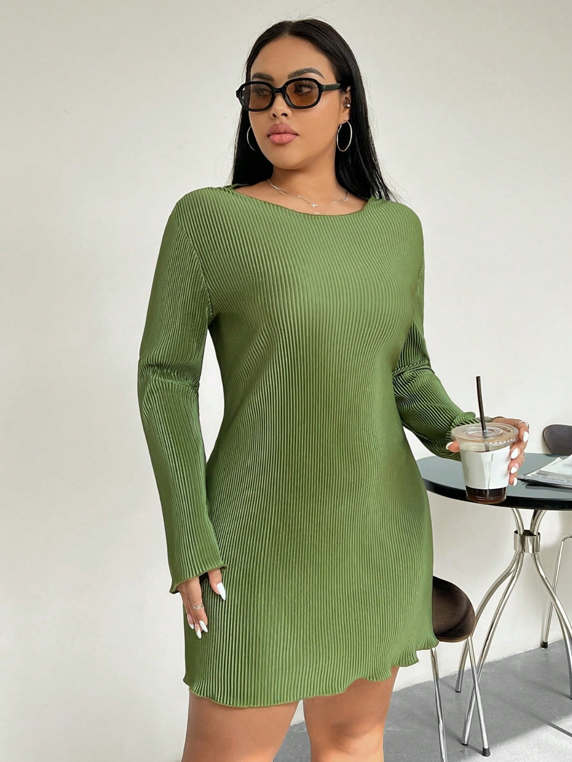 Honey Plus Size Lettuce Hem Round Neck Long Sleeve Dress-TOPS / DRESSES-[Adult]-[Female]-2022 Online Blue Zone Planet