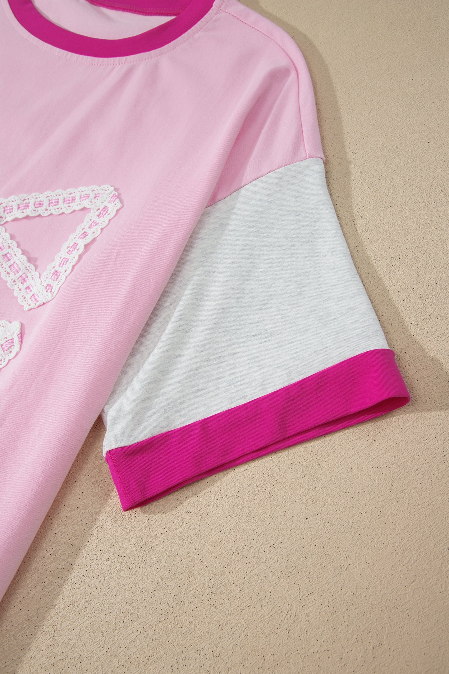 Gossamer Pink Embroidered Bow Detail Color Block Loose Tee-Tops/Tops & Tees-[Adult]-[Female]-2022 Online Blue Zone Planet