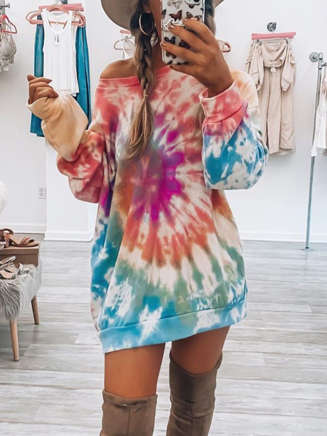 Blue Zone Planet | Full Size Tie-Dye Round Neck Long Sleeve Dress-TOPS / DRESSES-[Adult]-[Female]-Coral-S-2022 Online Blue Zone Planet