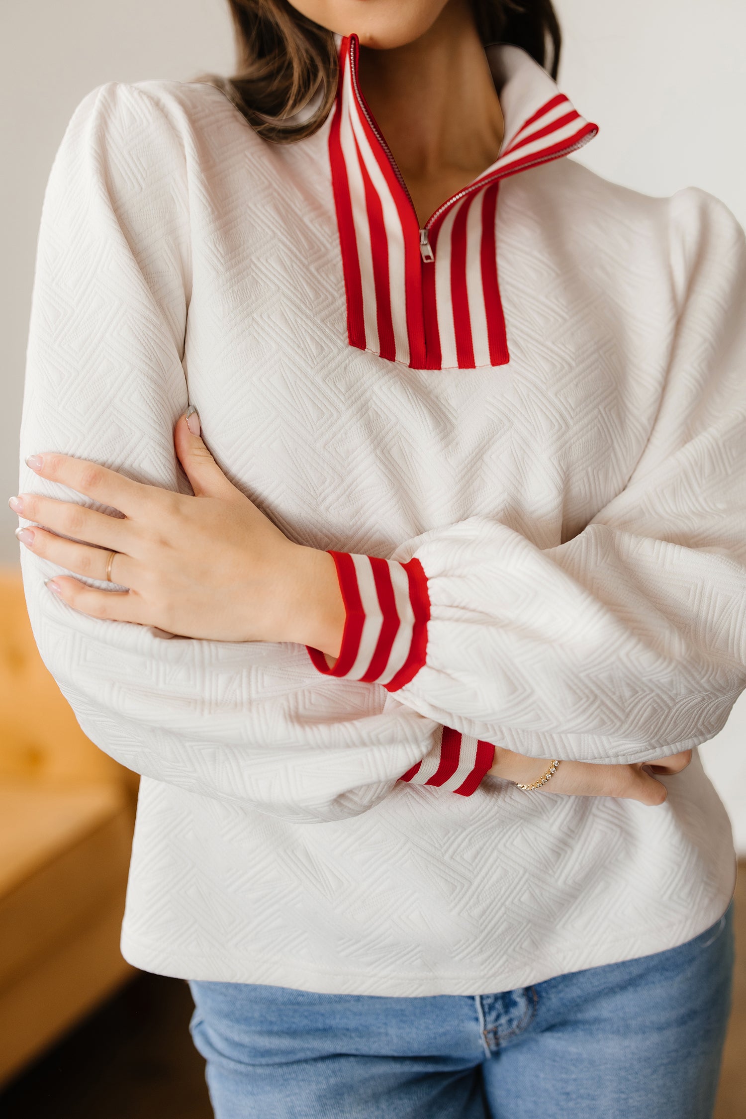 White Textured Knit Contrast Striped Accent Zipped Collar Pullover Top-Tops/Long Sleeve Tops-[Adult]-[Female]-2022 Online Blue Zone Planet