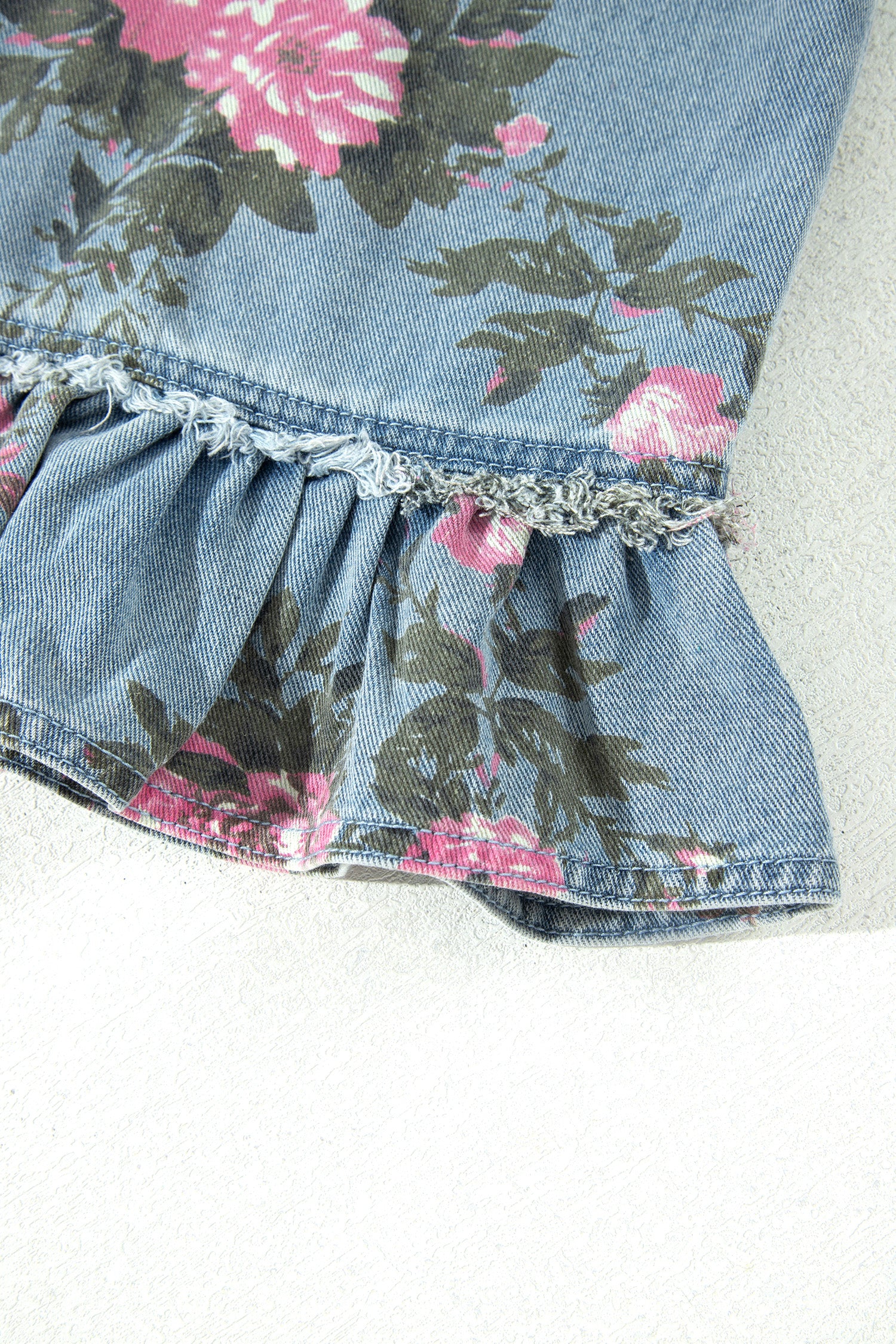 Sky Blue Floral Print Raw Seam Ruffle Hem Denim Jacket-Outerwear/Denim jackets-[Adult]-[Female]-2022 Online Blue Zone Planet