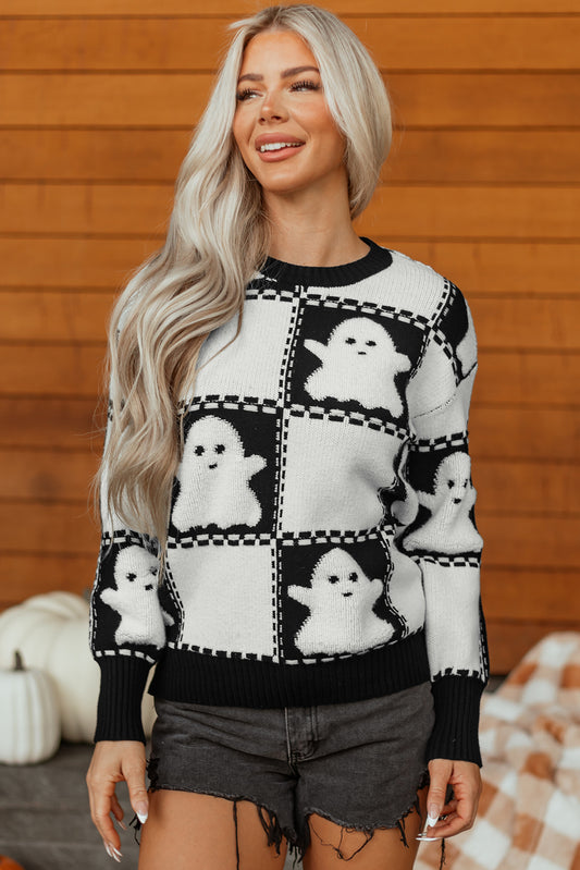 Black Halloween Ghost Checkered Drop Shoulder Sweater-TOPS / DRESSES-[Adult]-[Female]-Black-S-2022 Online Blue Zone Planet