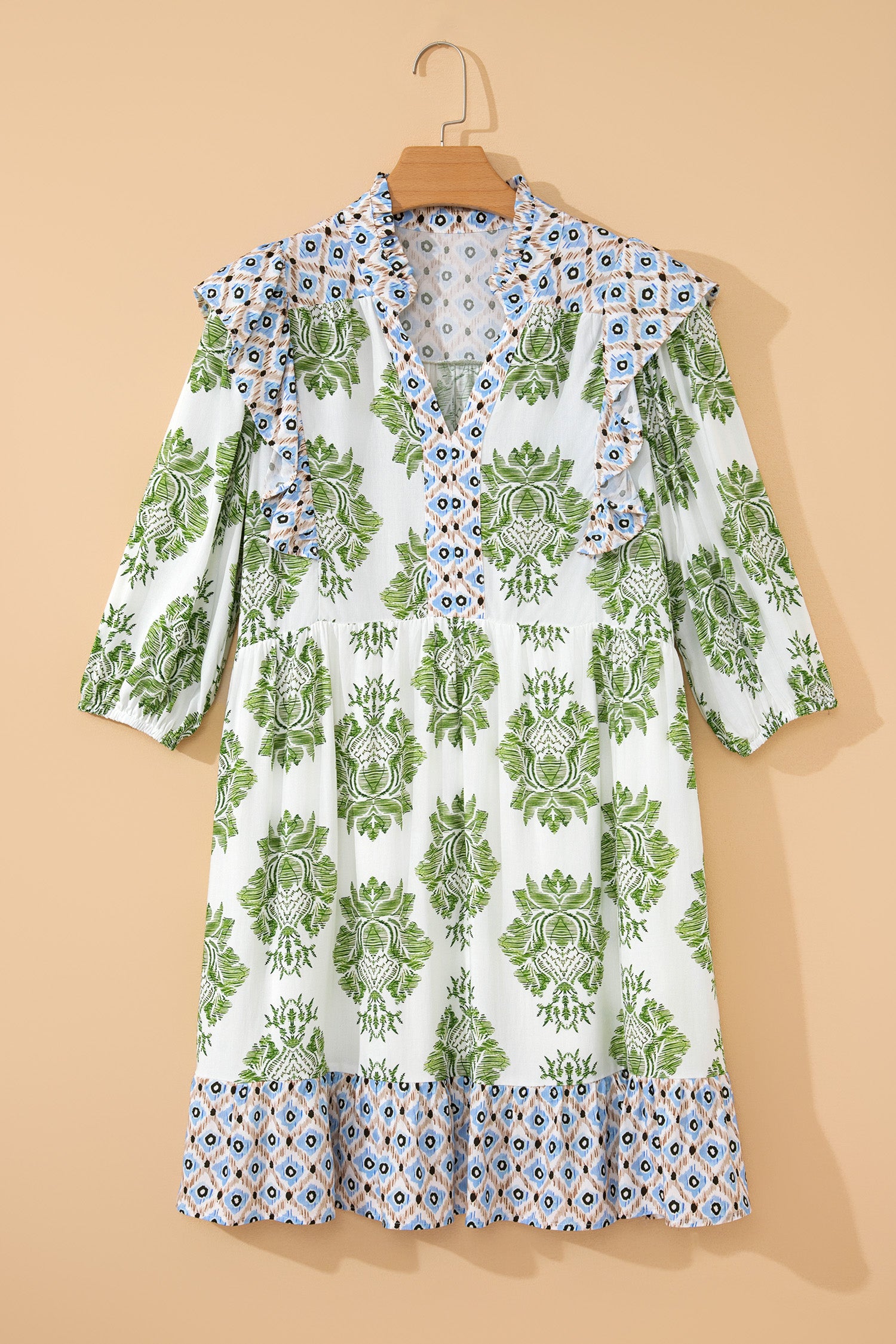 Green Floral Print Contrast Patchwork Ruffle Detail Mini Dress-TOPS / DRESSES-[Adult]-[Female]-2022 Online Blue Zone Planet