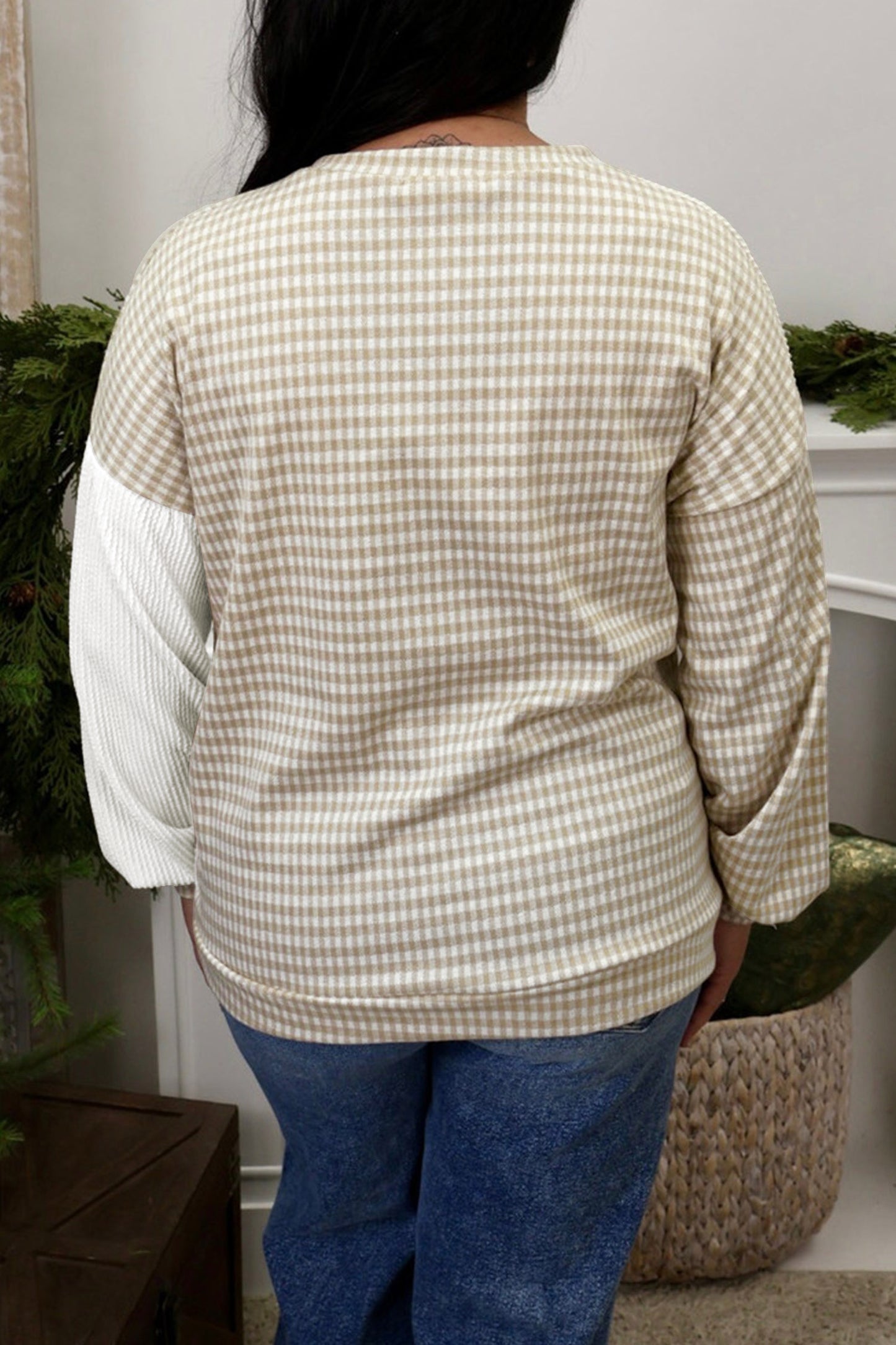 Khaki Patchwork Checkered Long Sleeve Round Neck Plus Size Blouse-Plus Size/Plus Size Tops/Plus Size Long Sleeve Tops-[Adult]-[Female]-2022 Online Blue Zone Planet