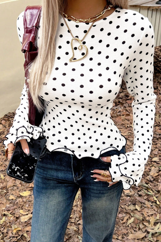 Black Polka Dot Print Lettuce Trim Long Sleeve Top-Tops/Long Sleeve Tops-[Adult]-[Female]-2022 Online Blue Zone Planet