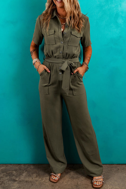 Moss Green Half Button Belted Utility Short Sleeve Jumpsuit-Bottoms/Jumpsuits & Rompers-[Adult]-[Female]-Moss Green-S-2022 Online Blue Zone Planet