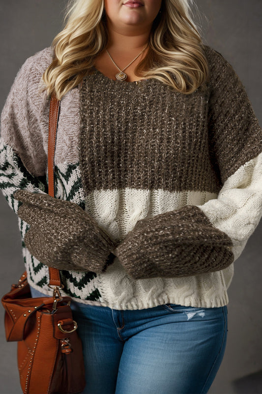 Brown Plus Size Color Block Patchwork Knotted Back Loose Fit Sweater-TOPS / DRESSES-[Adult]-[Female]-Brown-1X-2022 Online Blue Zone Planet